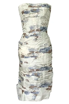1950s Philip Hulitar Couture Floral Printed Silk Knife Pleated Dress