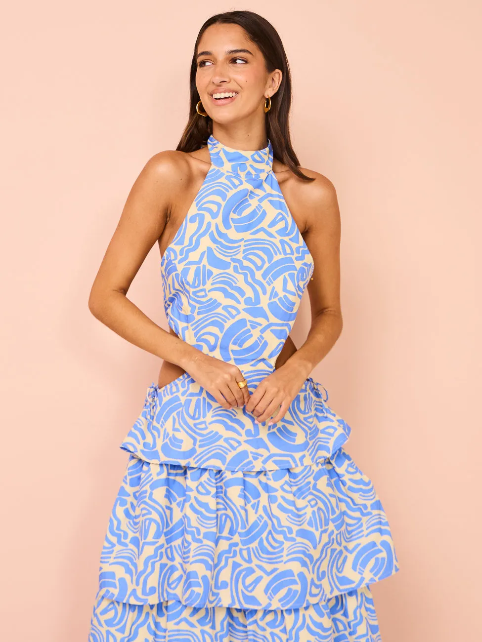 Ambra Maddalena Halter Neck Gown in Blue Swirl