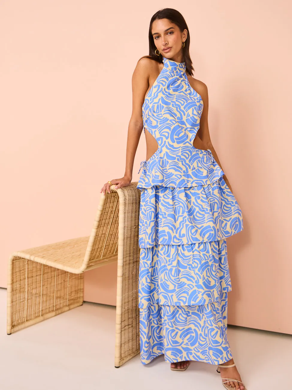 Ambra Maddalena Halter Neck Gown in Blue Swirl