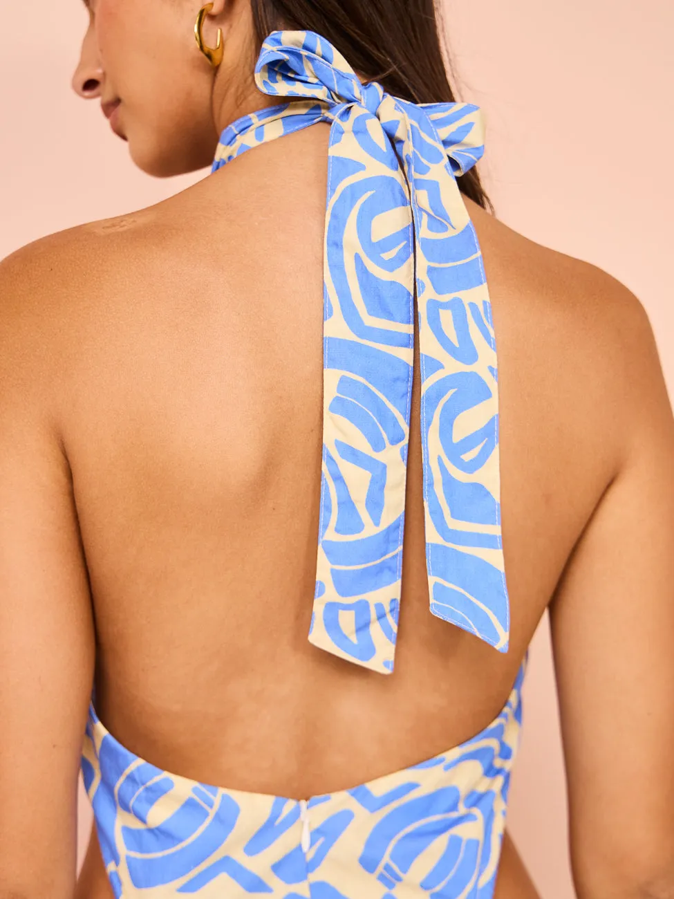 Ambra Maddalena Halter Neck Gown in Blue Swirl