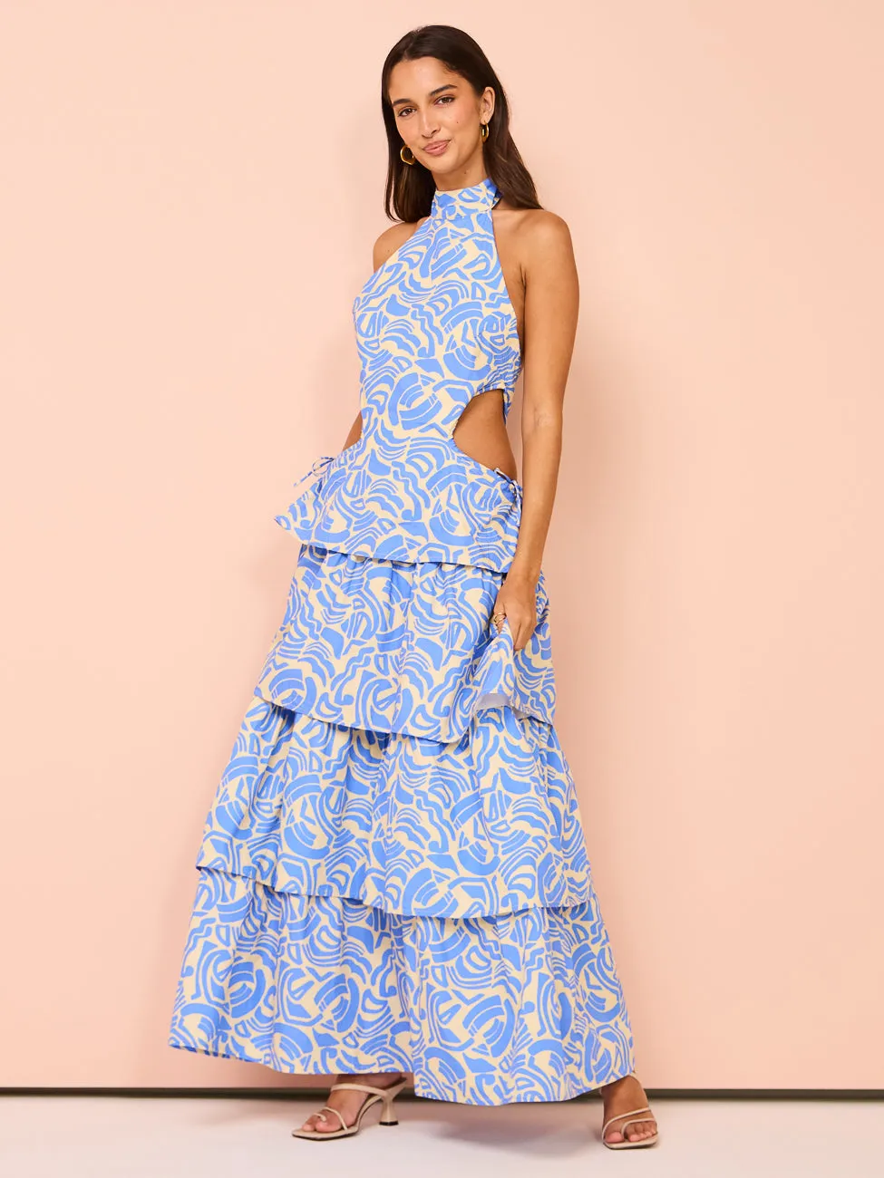 Ambra Maddalena Halter Neck Gown in Blue Swirl