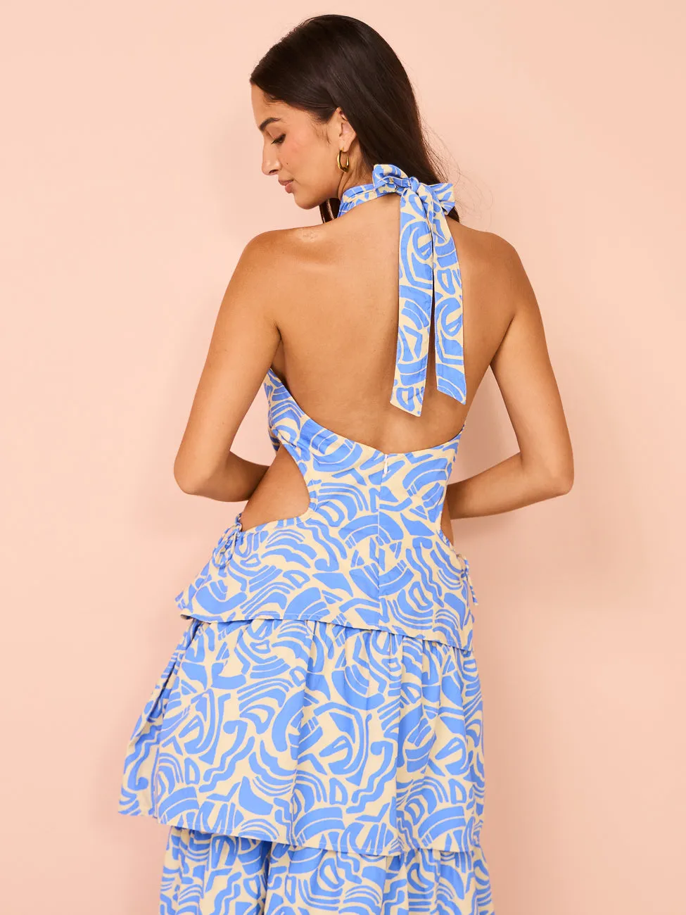 Ambra Maddalena Halter Neck Gown in Blue Swirl