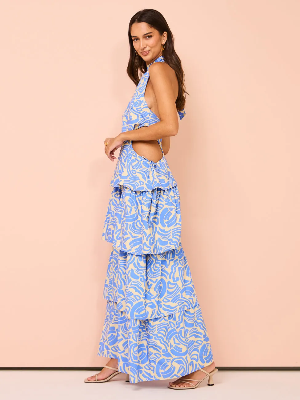 Ambra Maddalena Halter Neck Gown in Blue Swirl