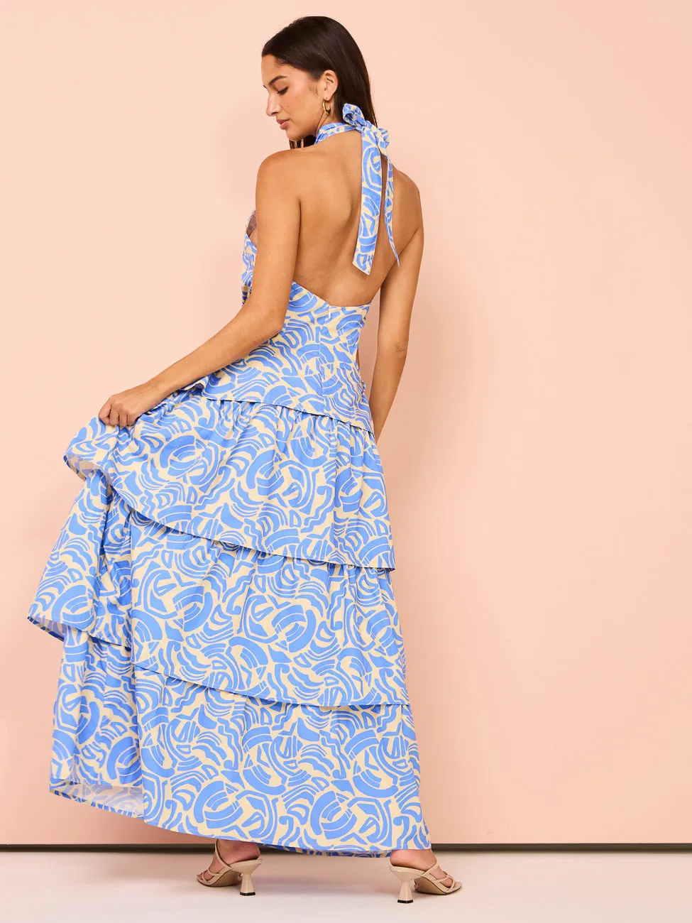 Ambra Maddalena Halter Neck Gown in Blue Swirl