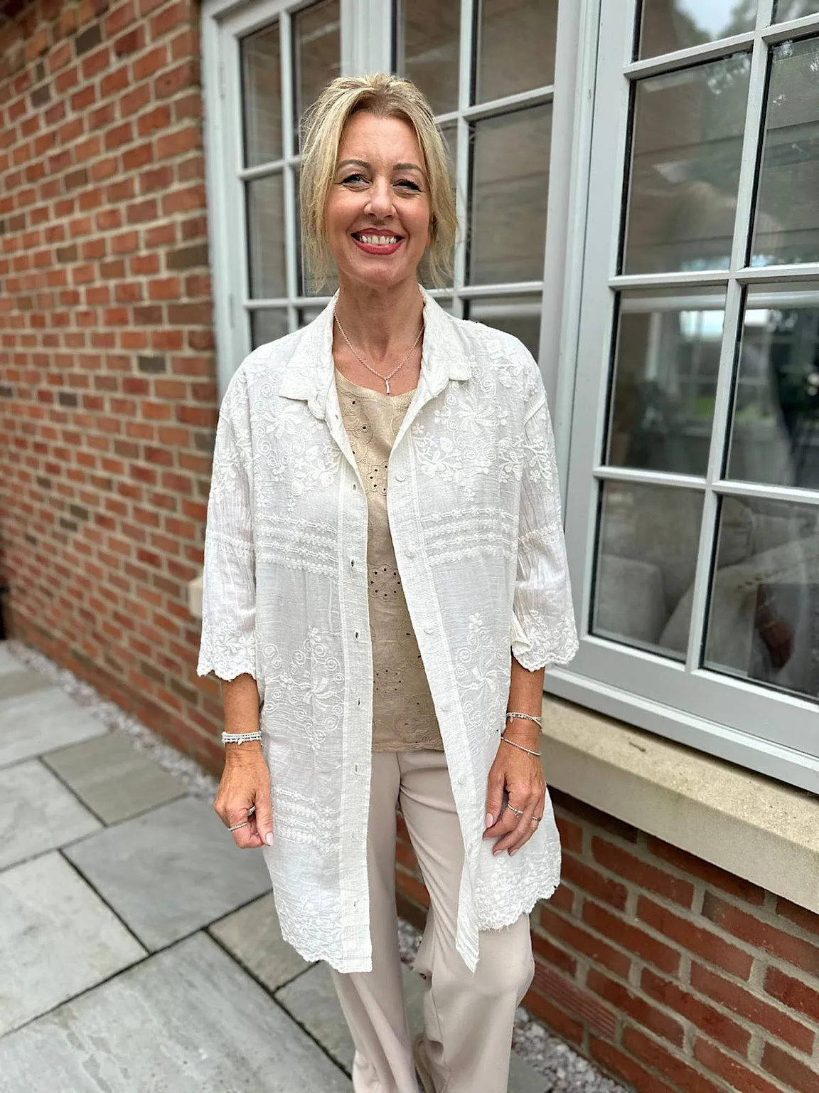 Antique Cream Floral Embroidered Shirt Lyra