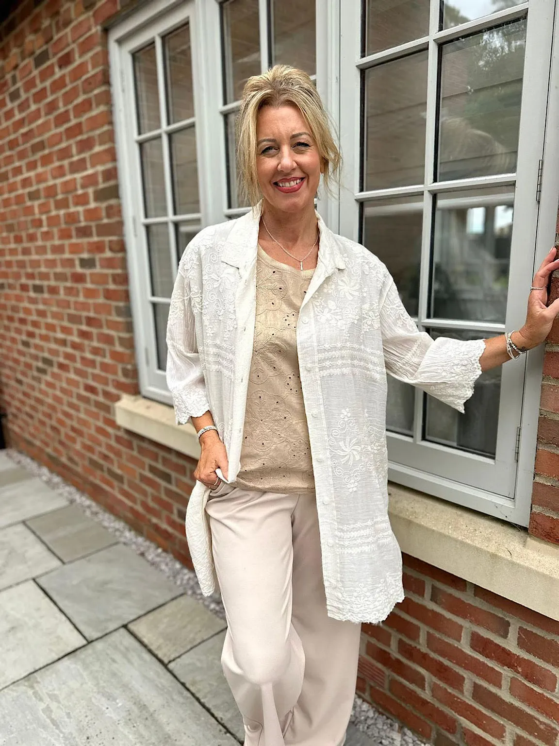 Antique Cream Floral Embroidered Shirt Lyra
