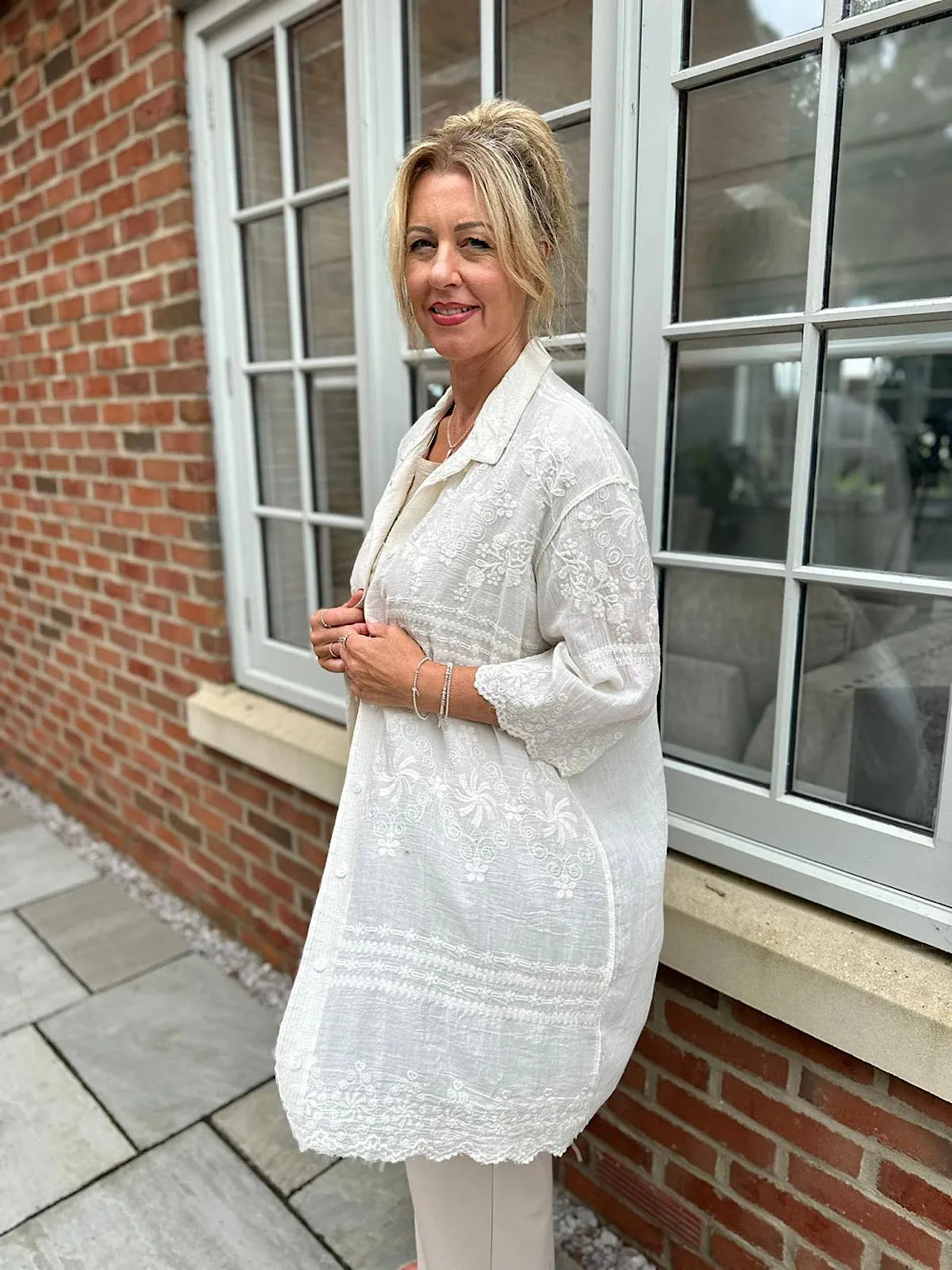 Antique Cream Floral Embroidered Shirt Lyra