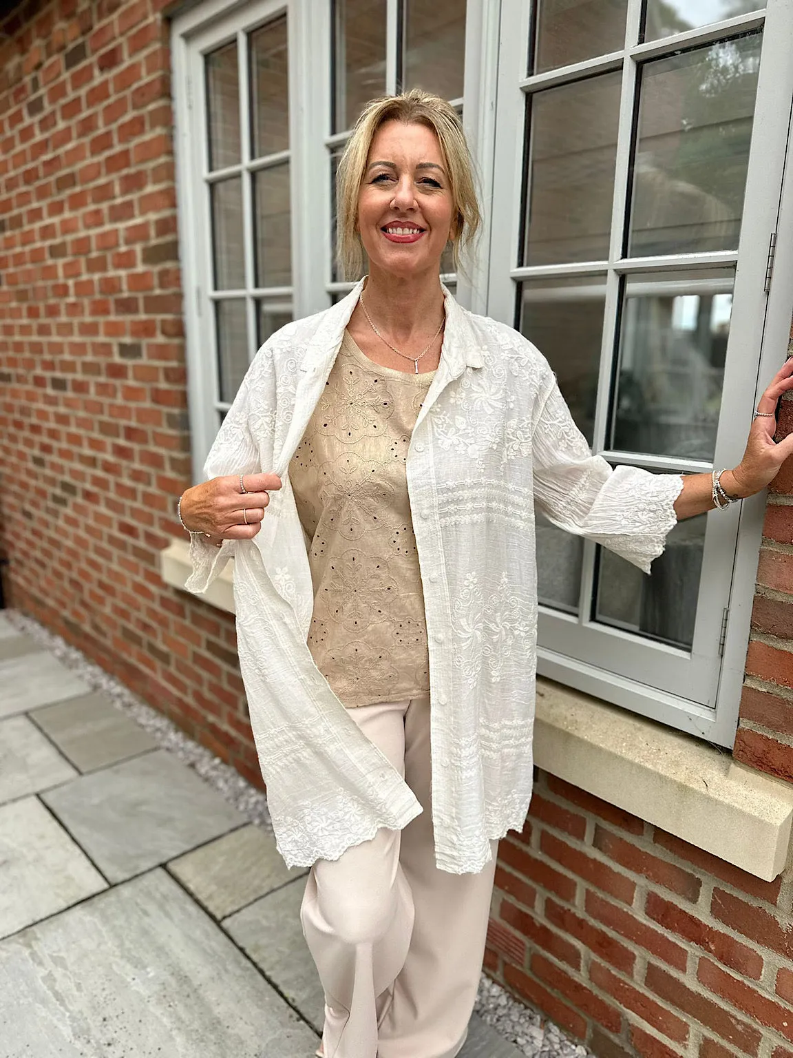 Antique Cream Floral Embroidered Shirt Lyra