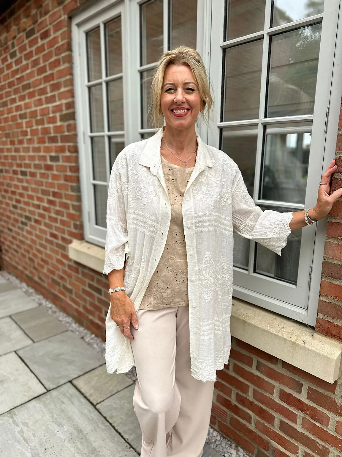 Antique Cream Floral Embroidered Shirt Lyra