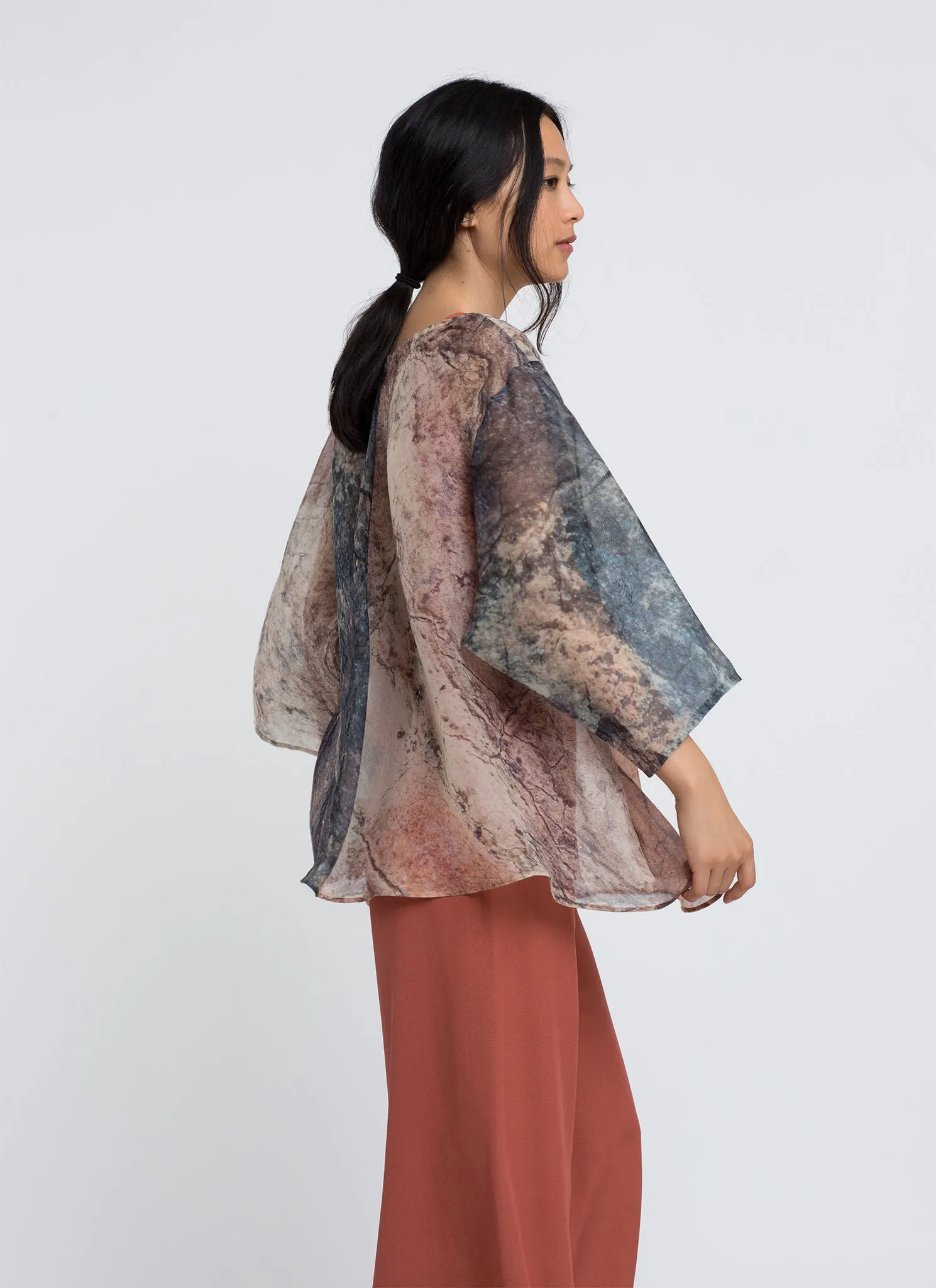 Arnate Dropped 3/4 Sleeve Printed Organza Silk Top - Khaya Print