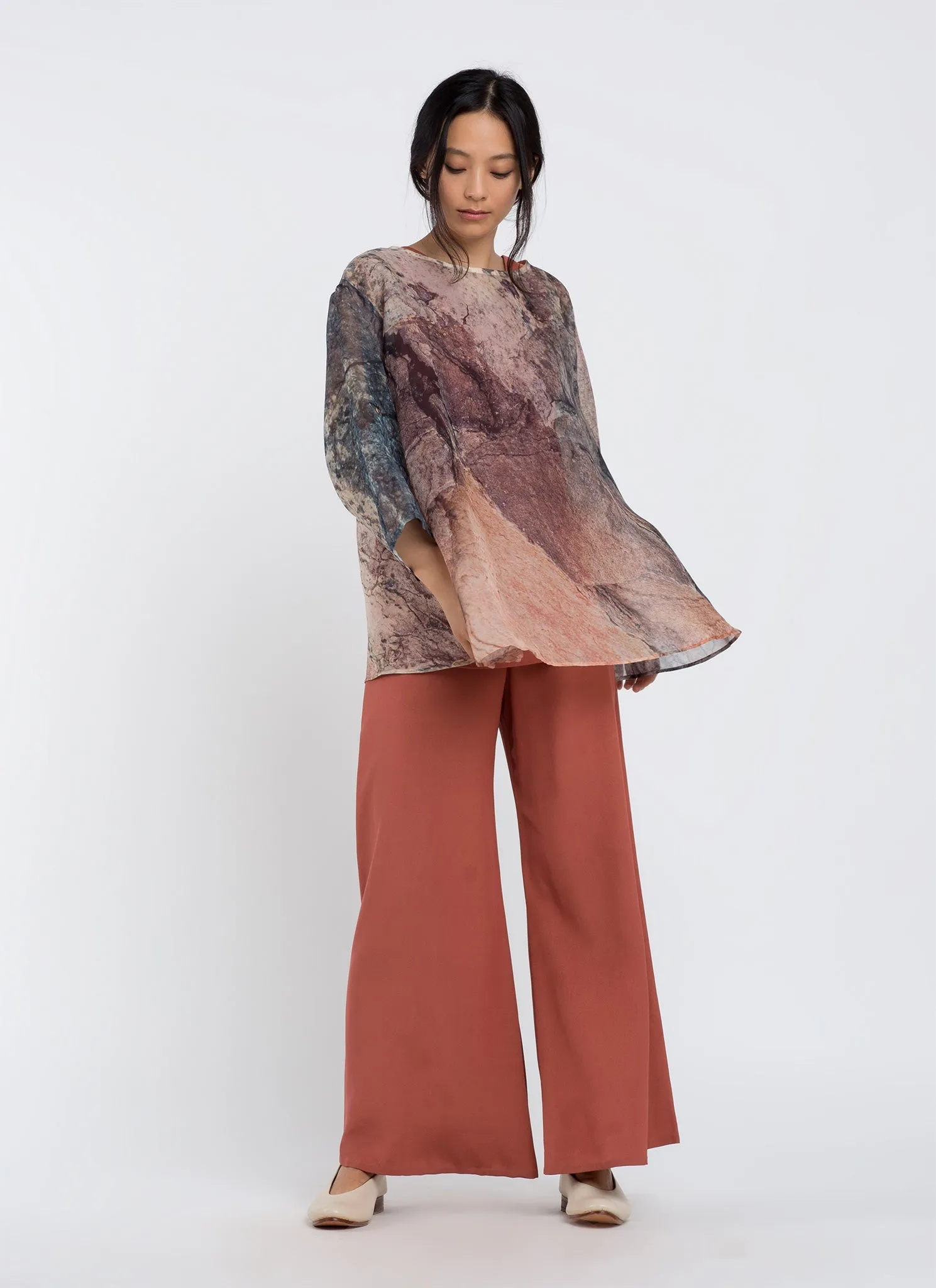 Arnate Dropped 3/4 Sleeve Printed Organza Silk Top - Khaya Print