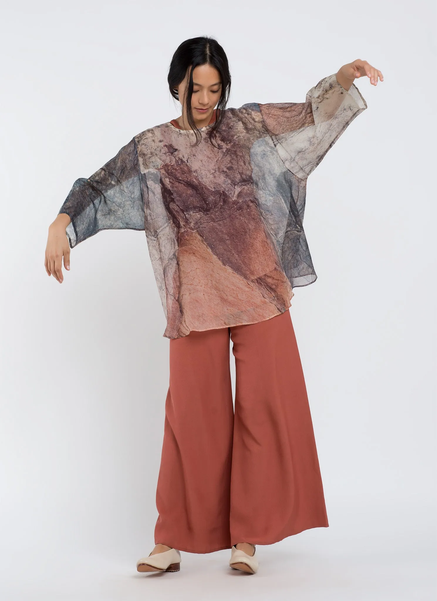 Arnate Dropped 3/4 Sleeve Printed Organza Silk Top - Khaya Print