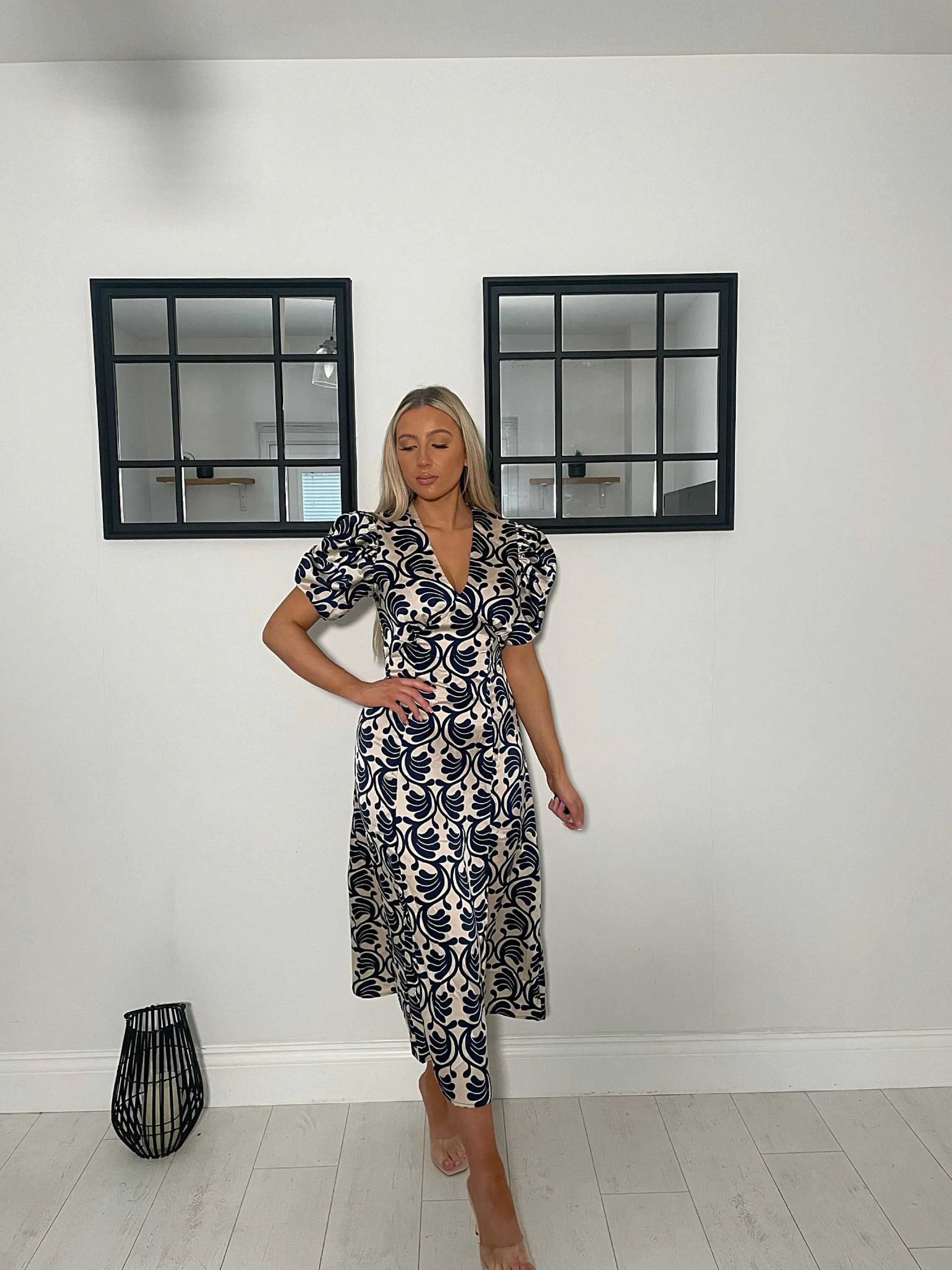 AX Paris Stone and Navy Printed Short Puff Sleeve V Neck Midi Dress