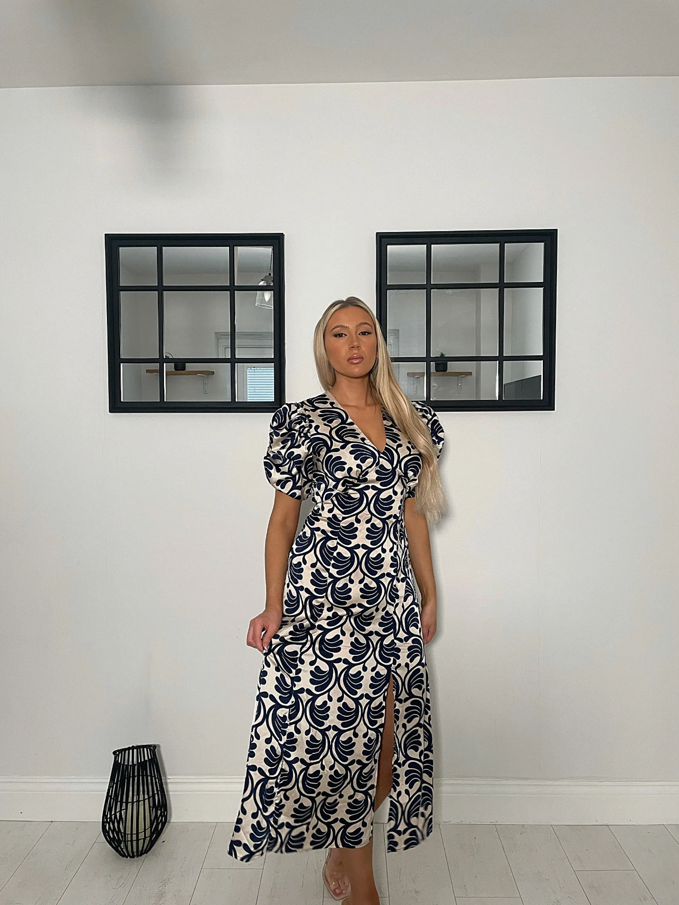 AX Paris Stone and Navy Printed Short Puff Sleeve V Neck Midi Dress