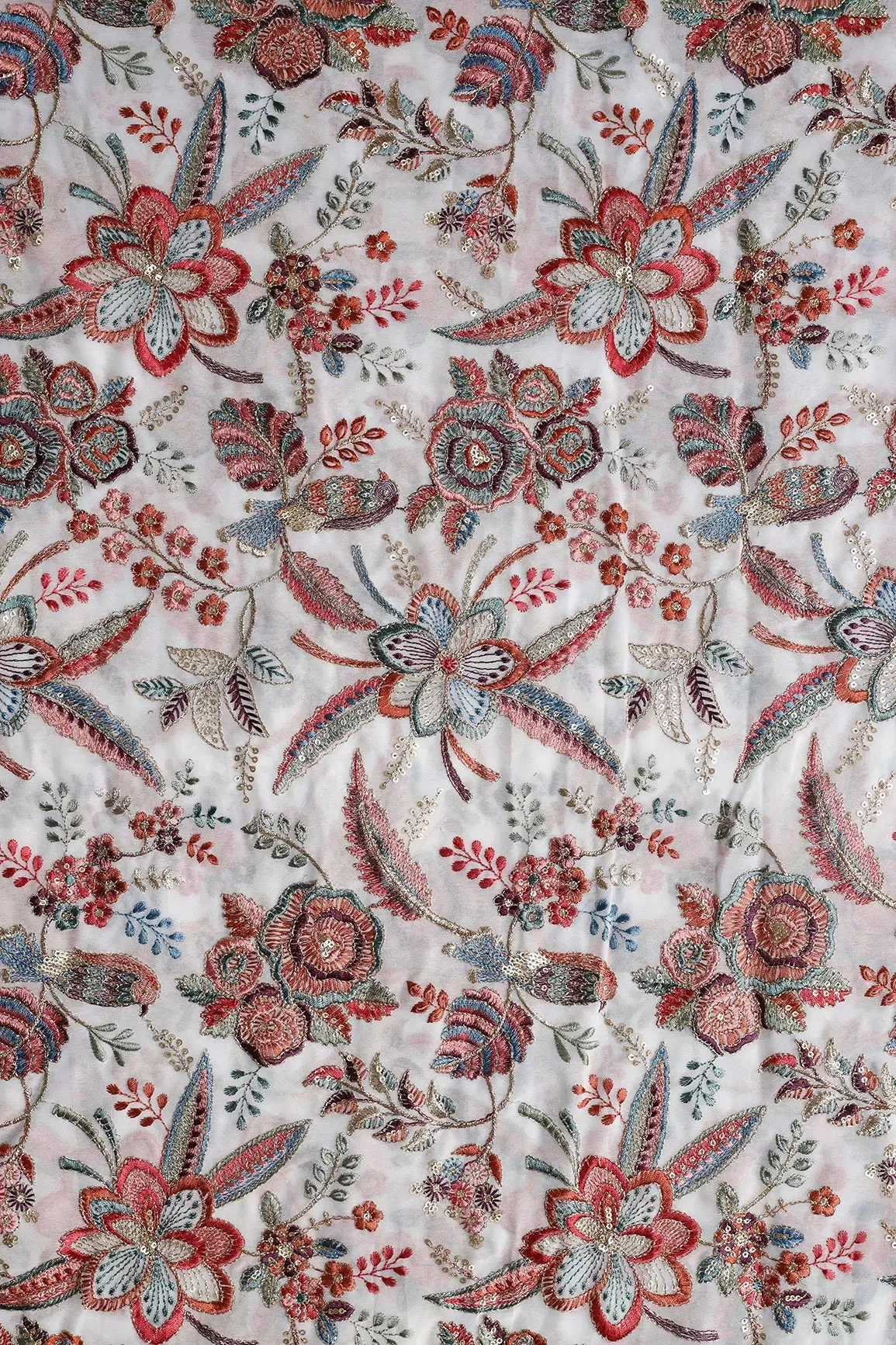 Beautiful Floral Heavy Embroidery With Gold Sequins On White Georgette Fabric