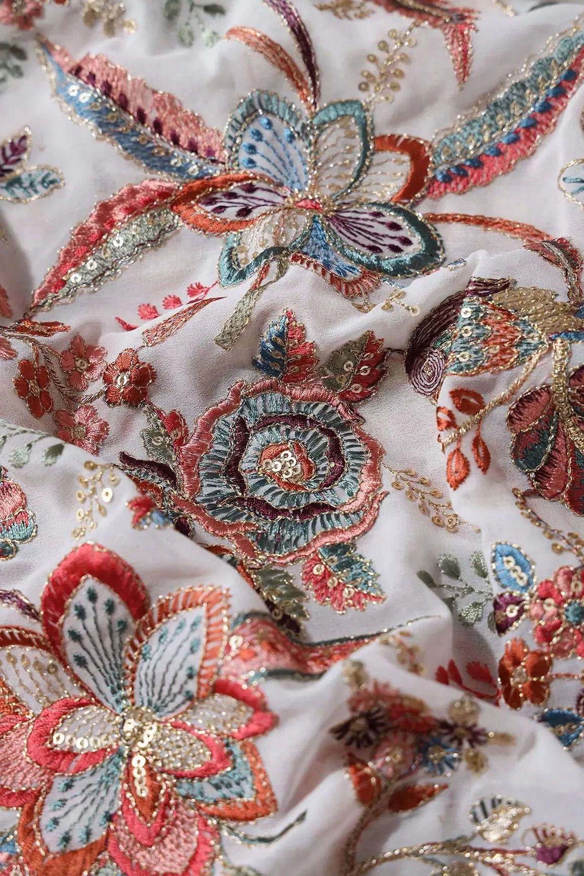 Beautiful Floral Heavy Embroidery With Gold Sequins On White Georgette Fabric