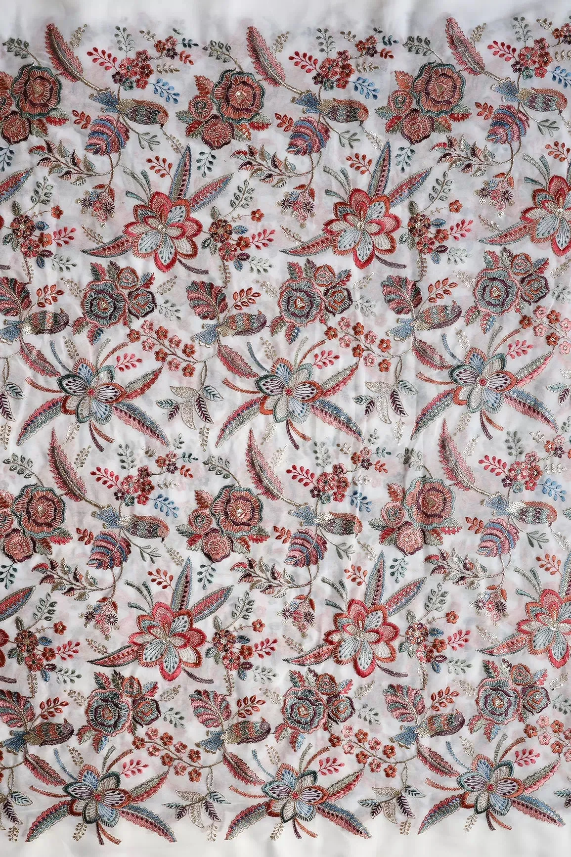 Beautiful Floral Heavy Embroidery With Gold Sequins On White Georgette Fabric