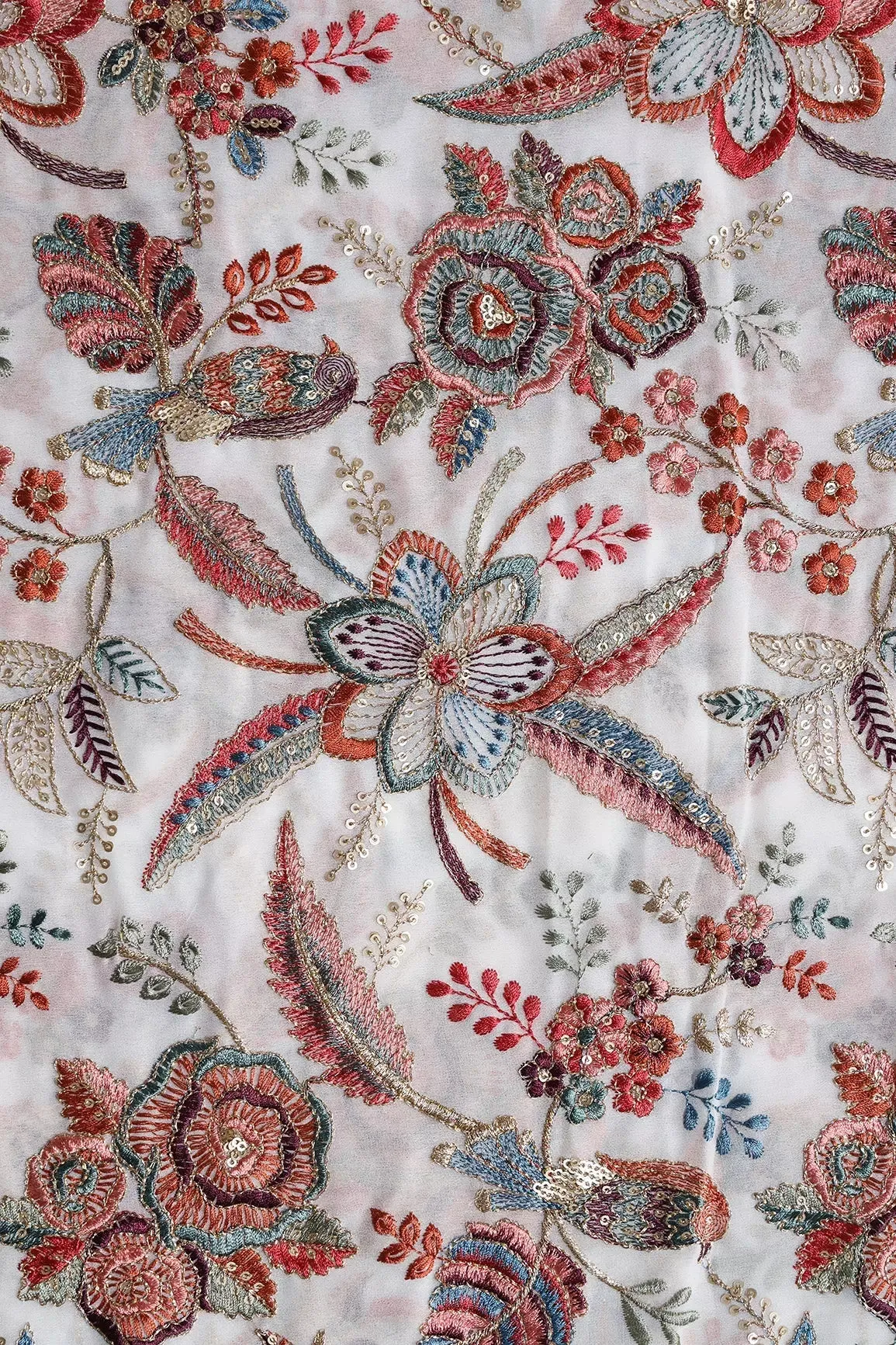 Beautiful Floral Heavy Embroidery With Gold Sequins On White Georgette Fabric