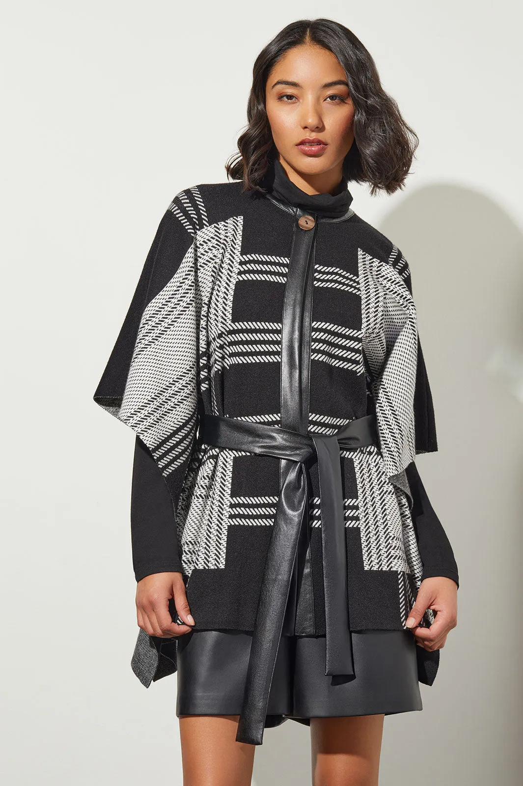 Belted Vegan Leather Trim Wrap Jacket