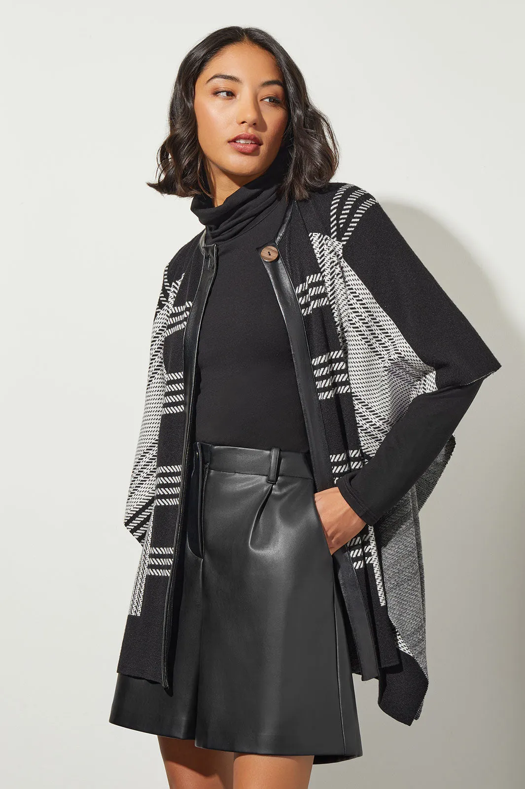 Belted Vegan Leather Trim Wrap Jacket