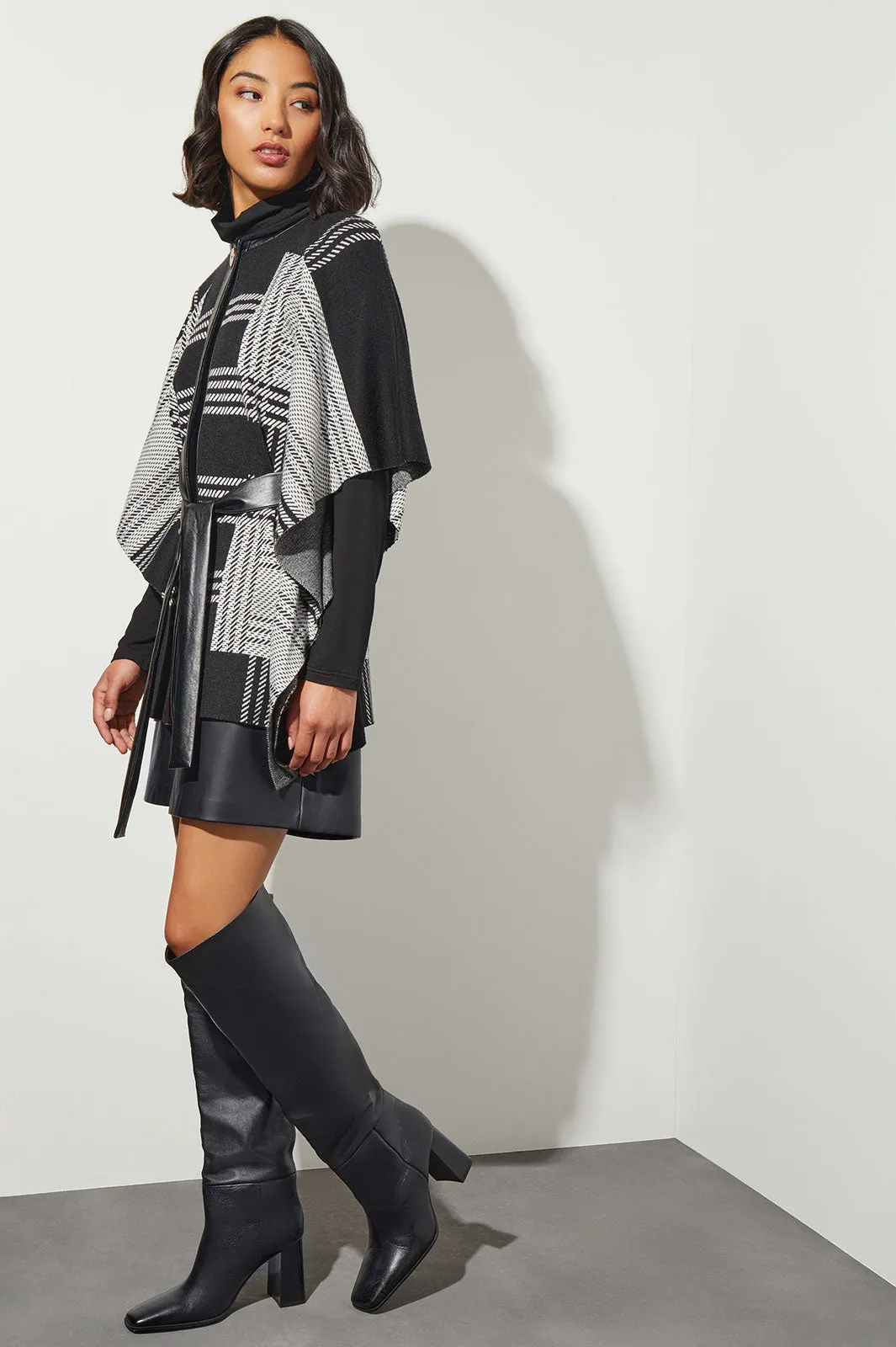 Belted Vegan Leather Trim Wrap Jacket