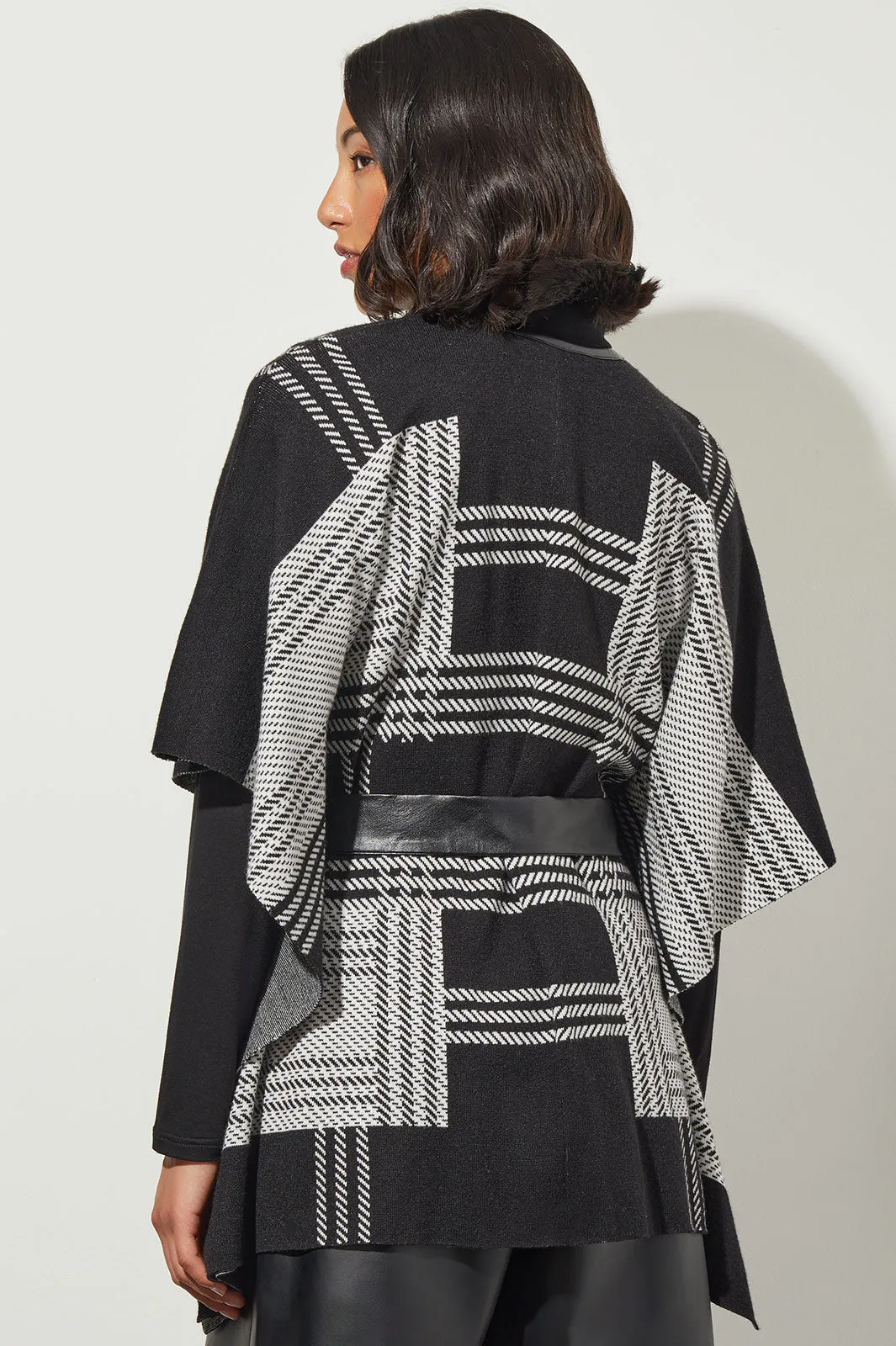 Belted Vegan Leather Trim Wrap Jacket