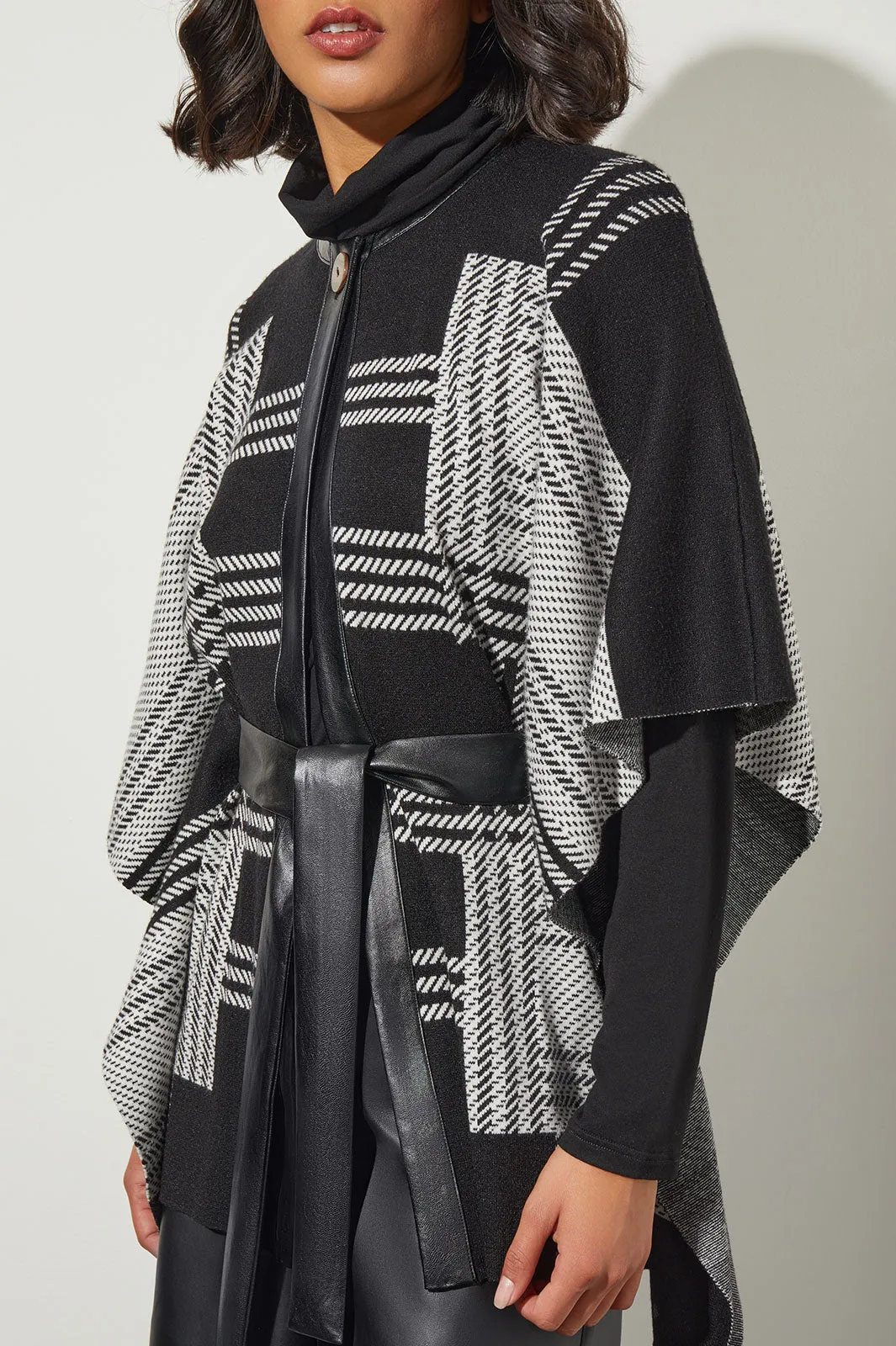 Belted Vegan Leather Trim Wrap Jacket