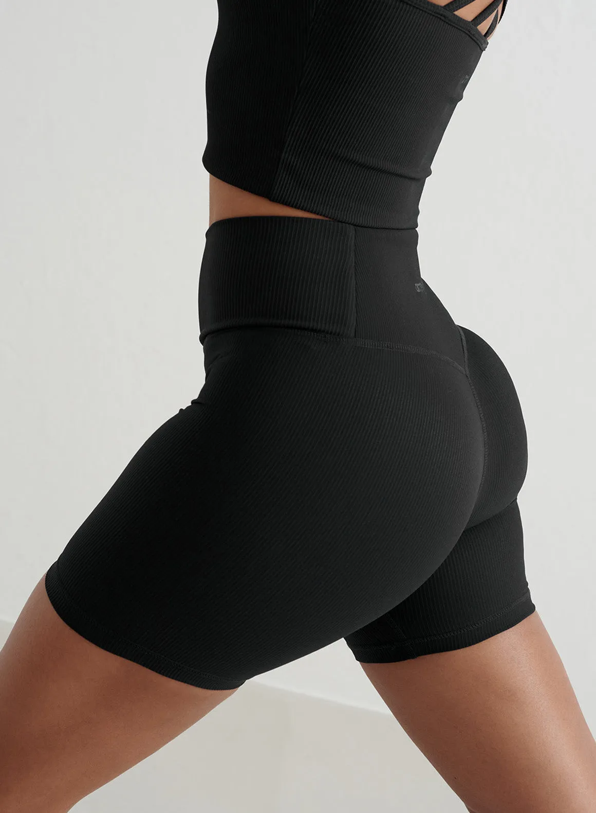 Black Ribbed Performance Midi Biker Shorts
