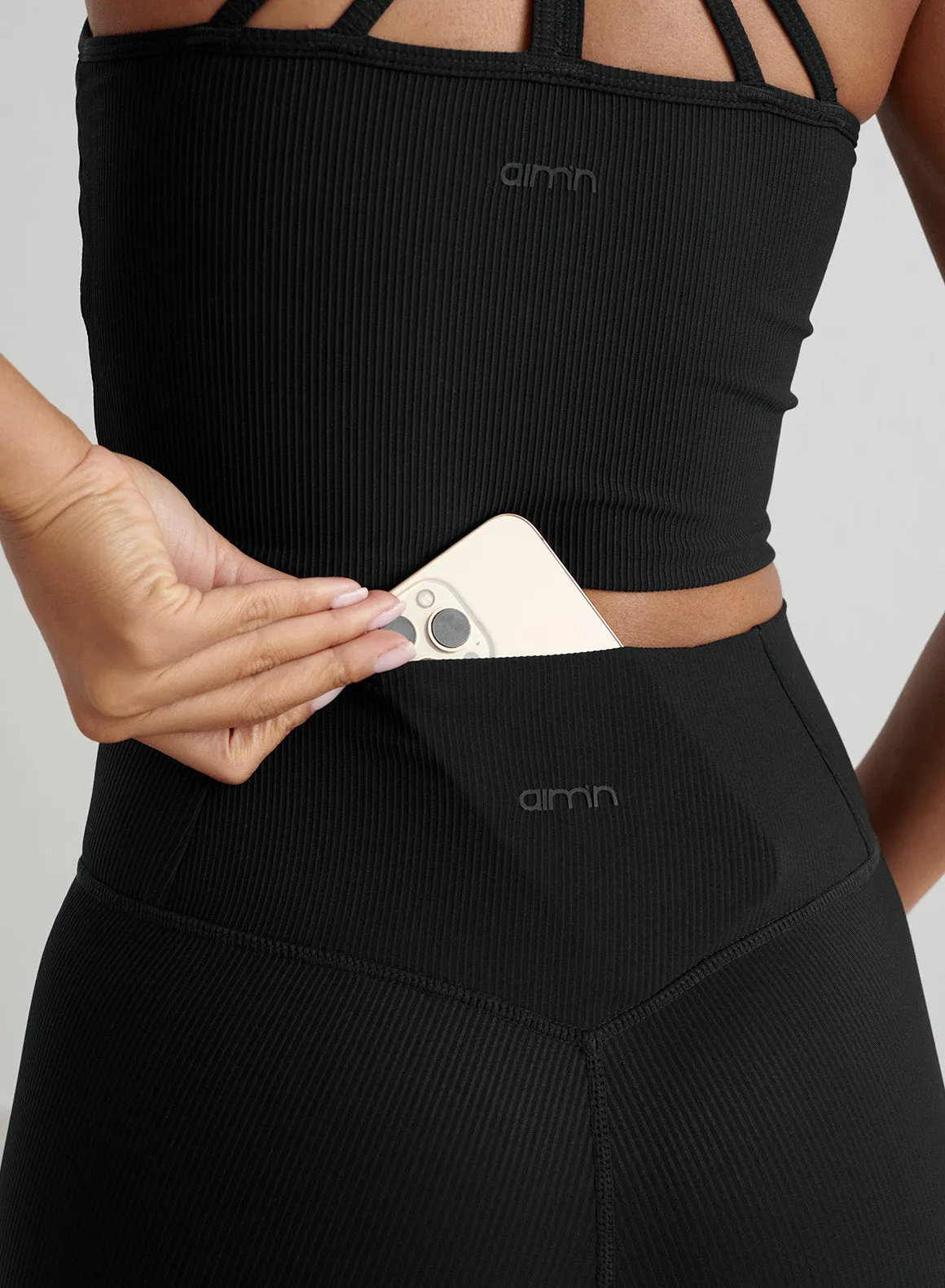 Black Ribbed Performance Midi Biker Shorts