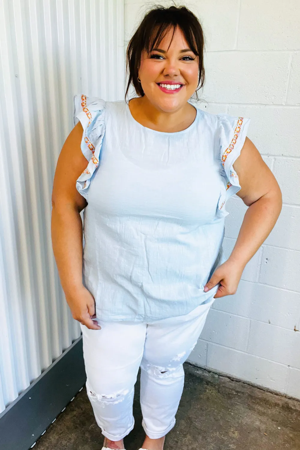 Chambray Embroidered Flutter Sleeve Top (Open Pack)