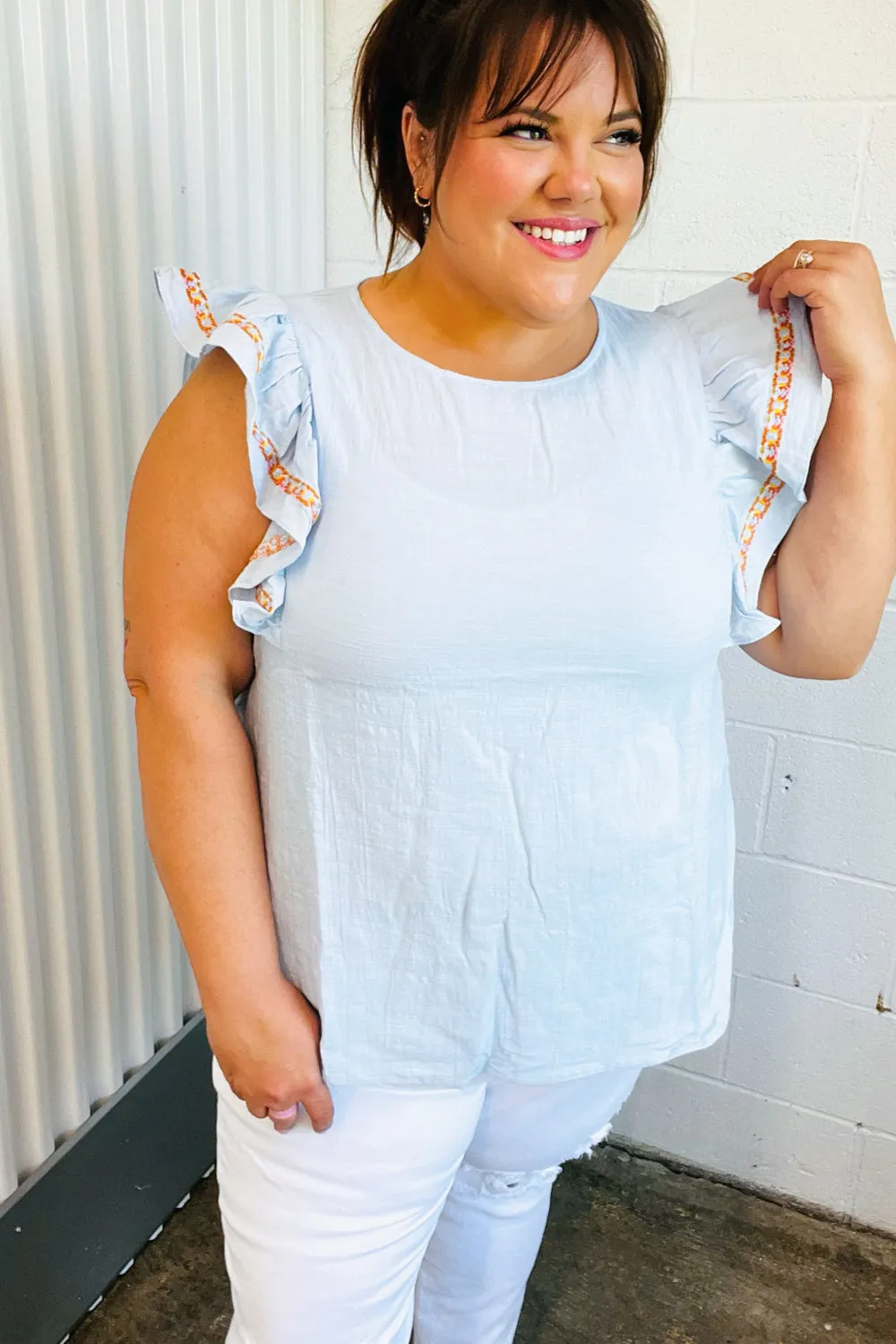 Chambray Embroidered Flutter Sleeve Top (Open Pack)