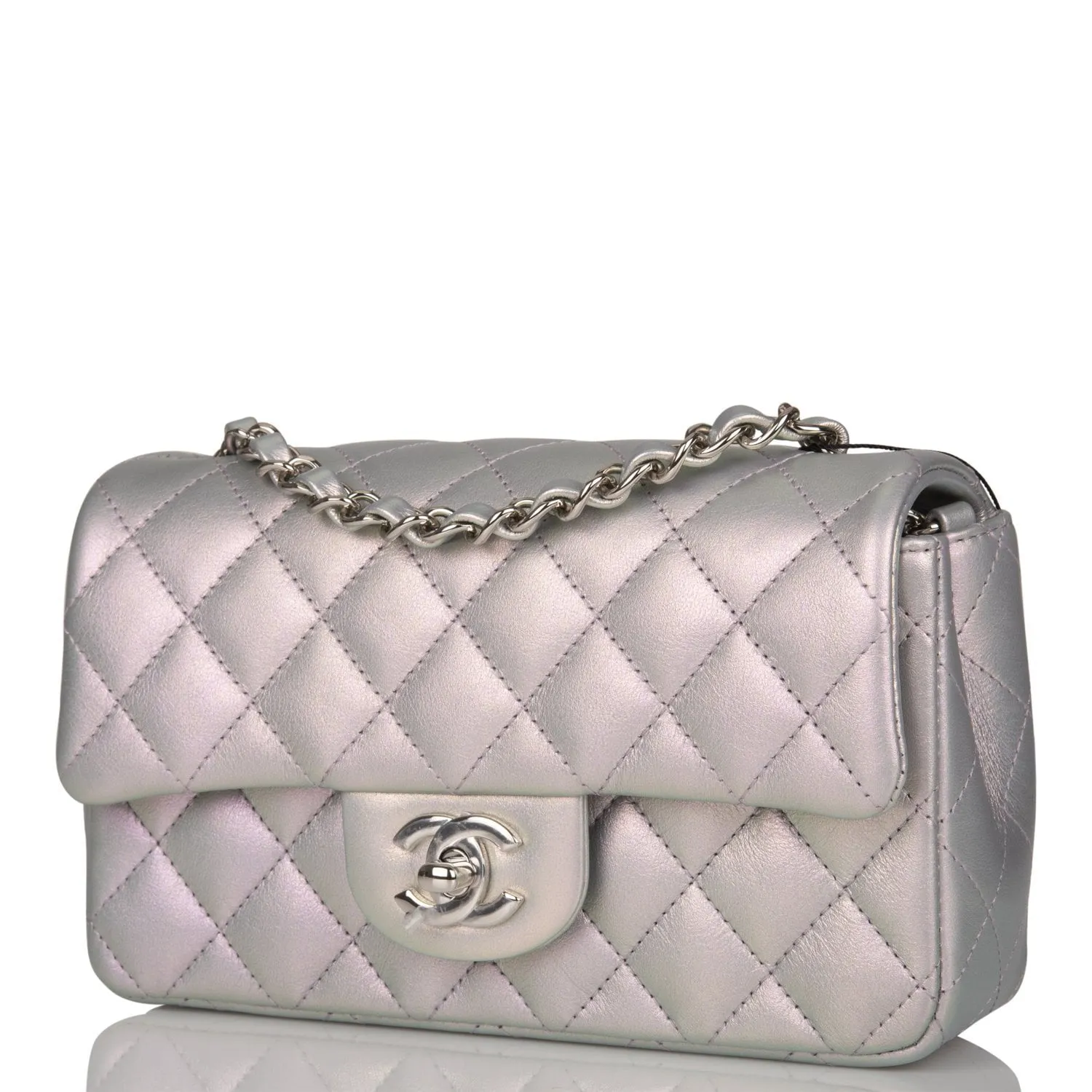 Chanel Mini Rectangular Flap Bag Purple Iridescent Quilted Lambskin Silver Hardware