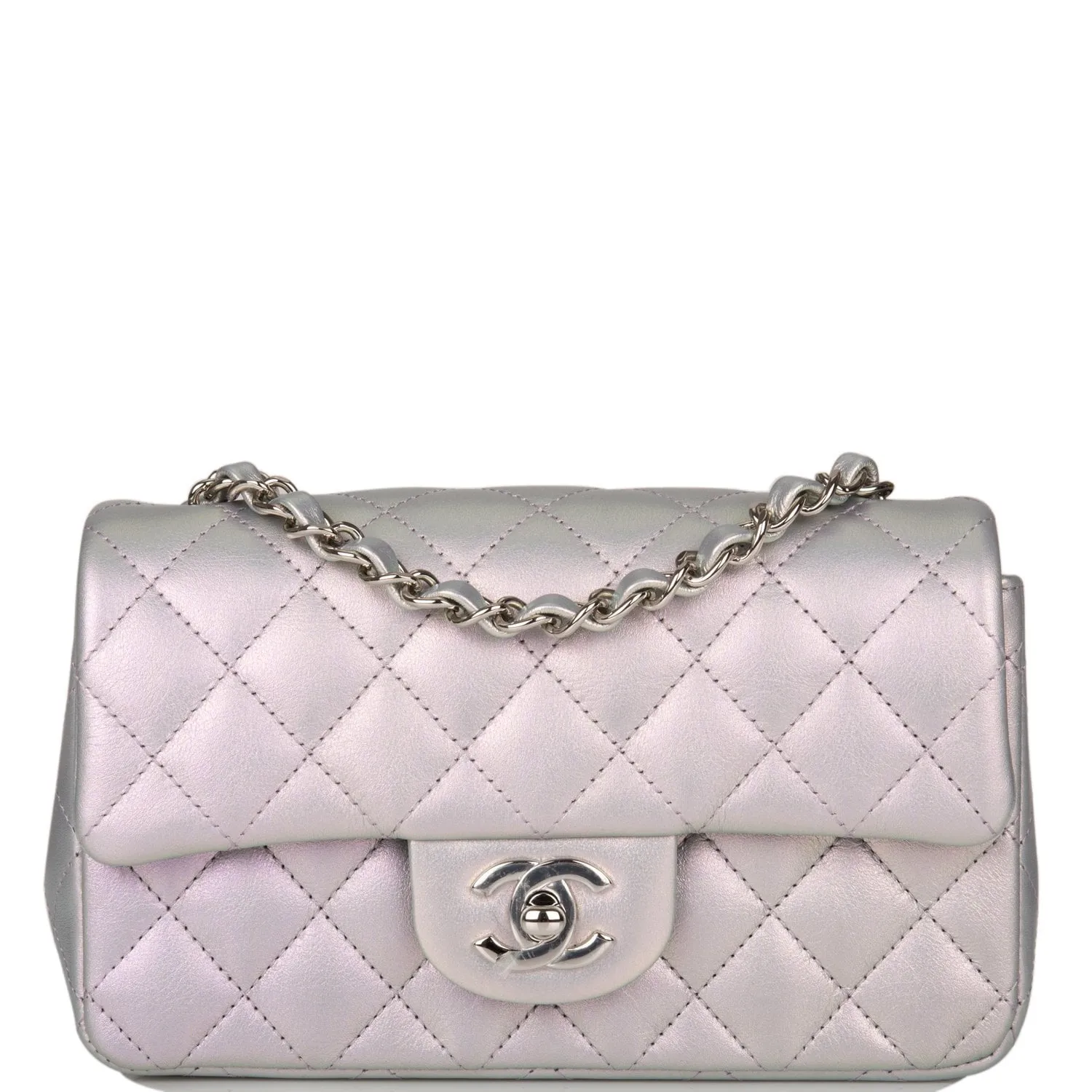 Chanel Mini Rectangular Flap Bag Purple Iridescent Quilted Lambskin Silver Hardware