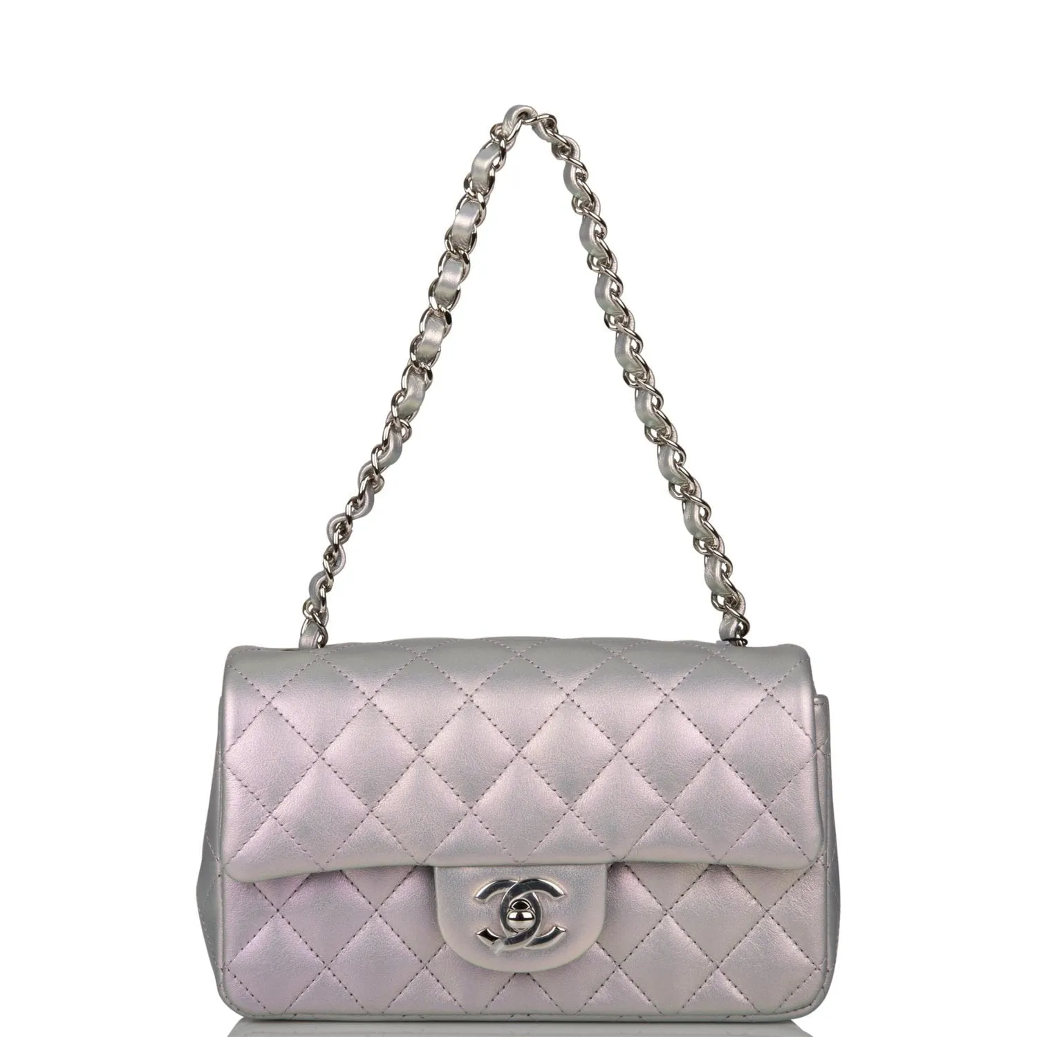 Chanel Mini Rectangular Flap Bag Purple Iridescent Quilted Lambskin Silver Hardware