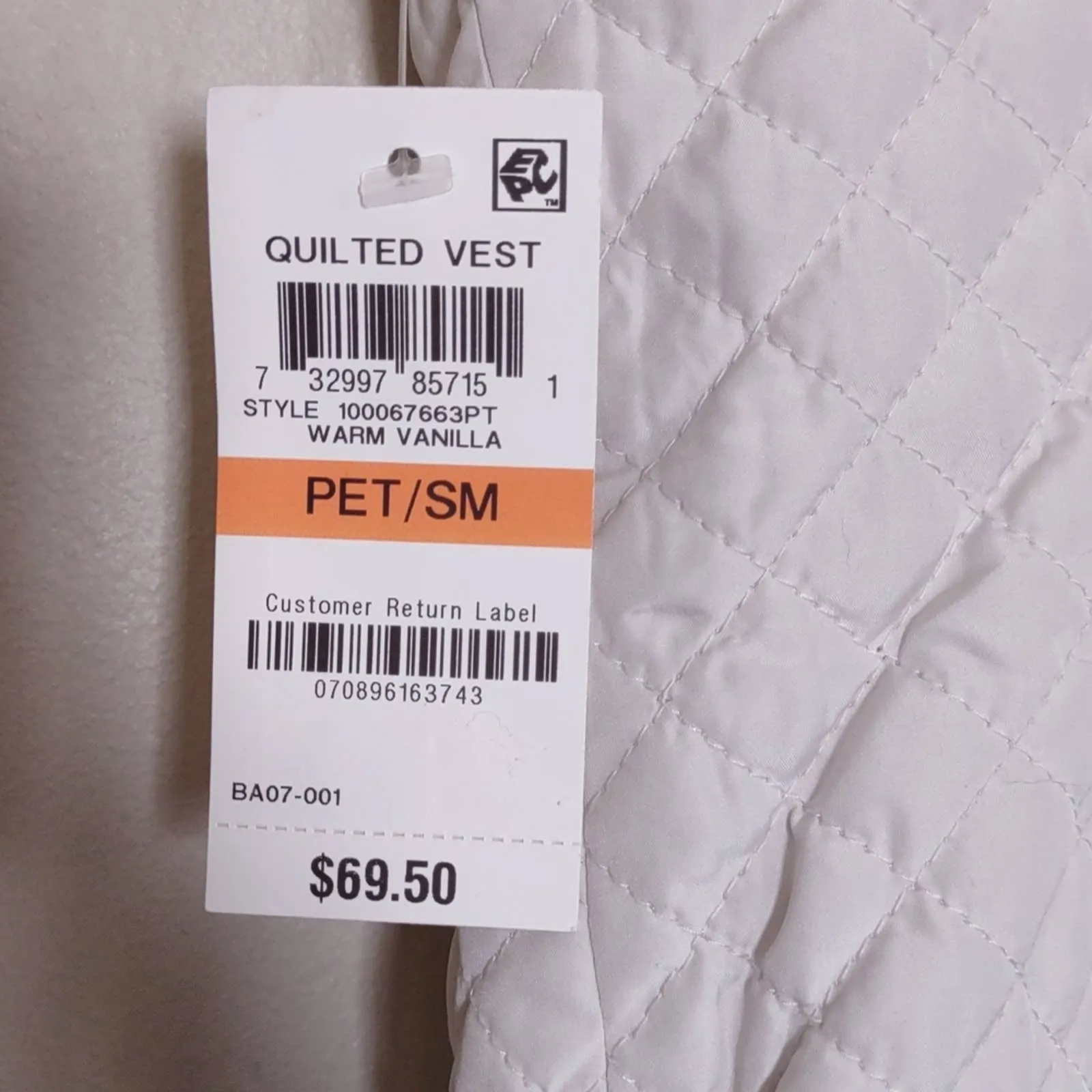 Charter Club Quilted Cotton Zip Front Vest PS Vanilla