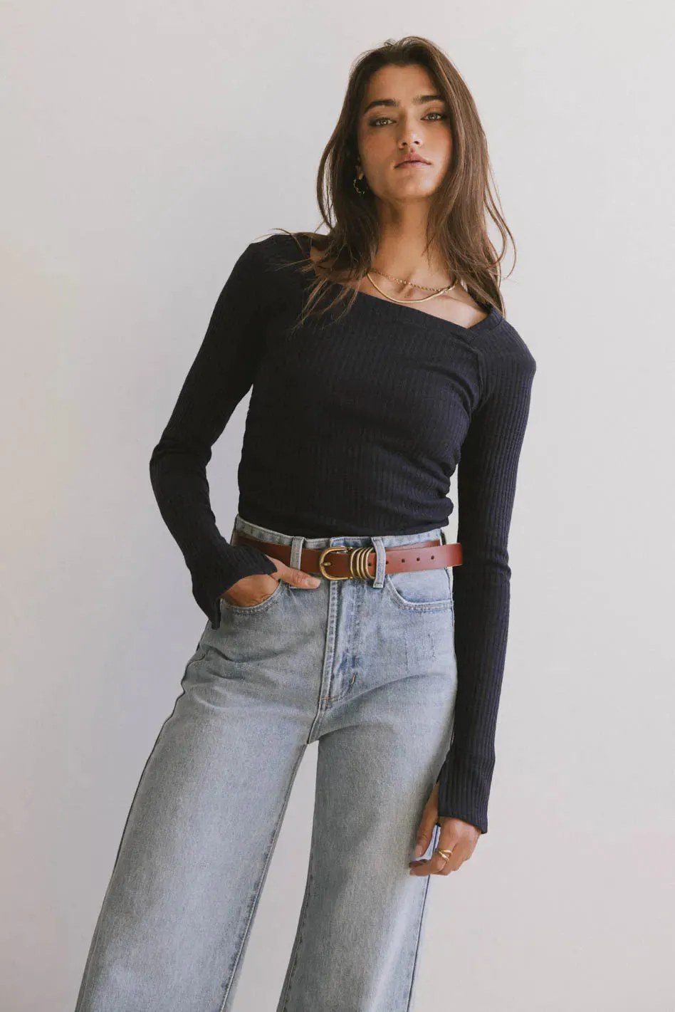 Cosette Ribbed Ruched Top in Navy