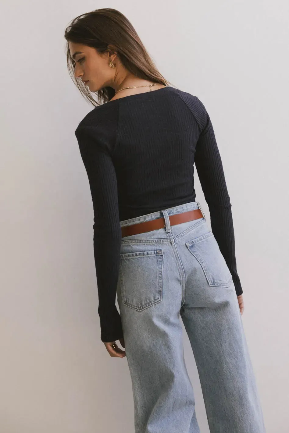 Cosette Ribbed Ruched Top in Navy