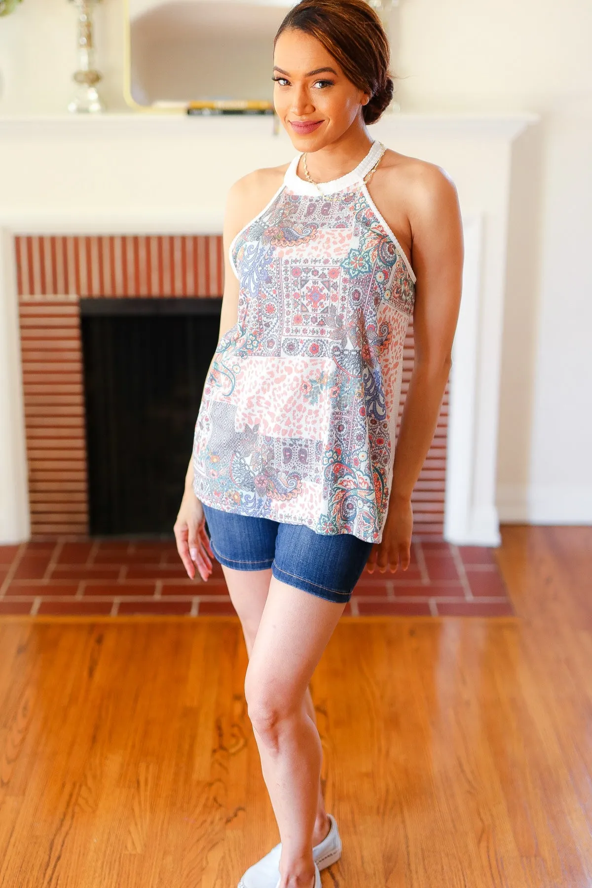 Cream Boho Paisley Thermal Halter Top (Open Pack)