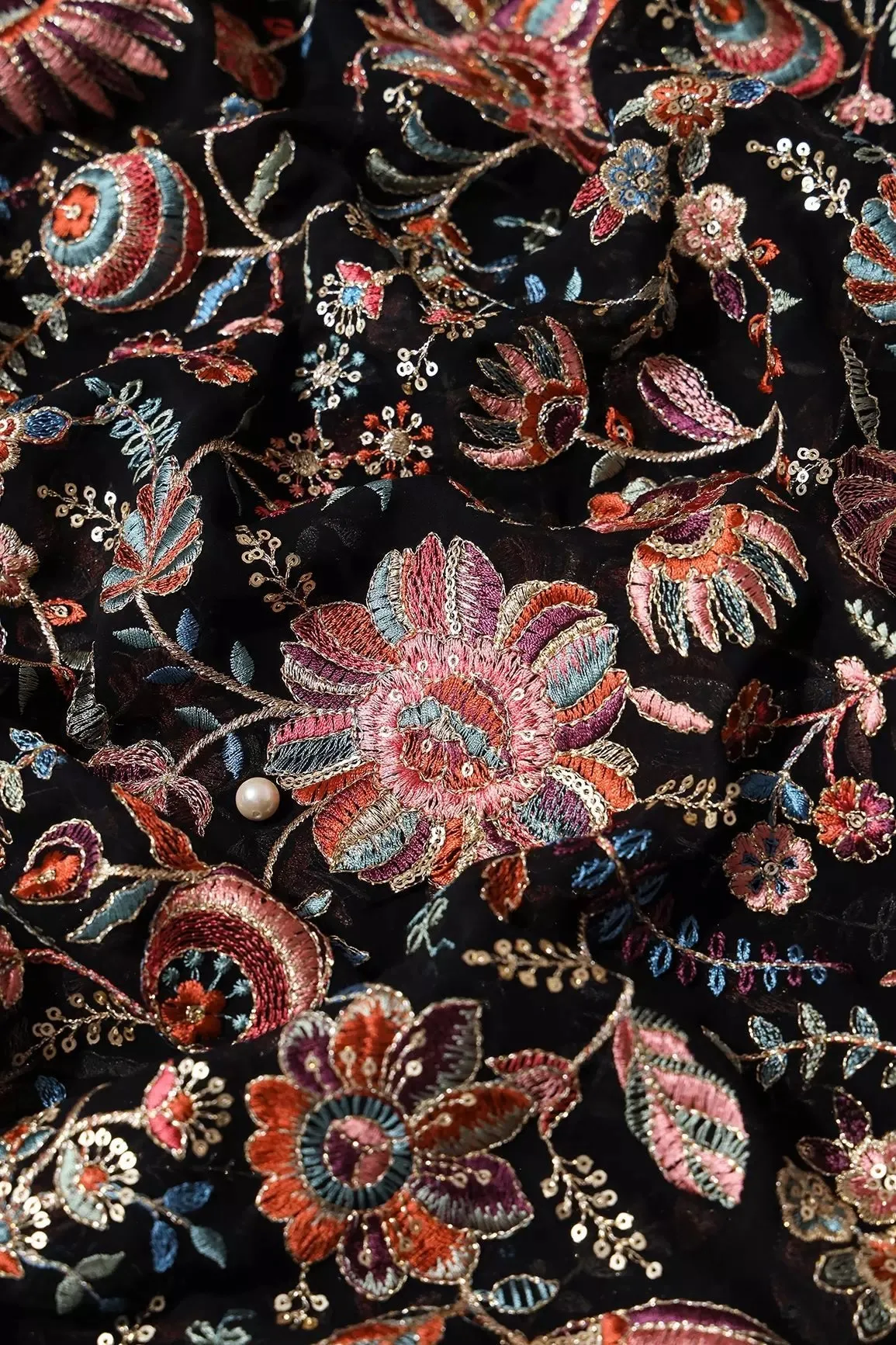 Elegant Floral Heavy Embroidery With Gold Sequins On Black Georgette Fabric