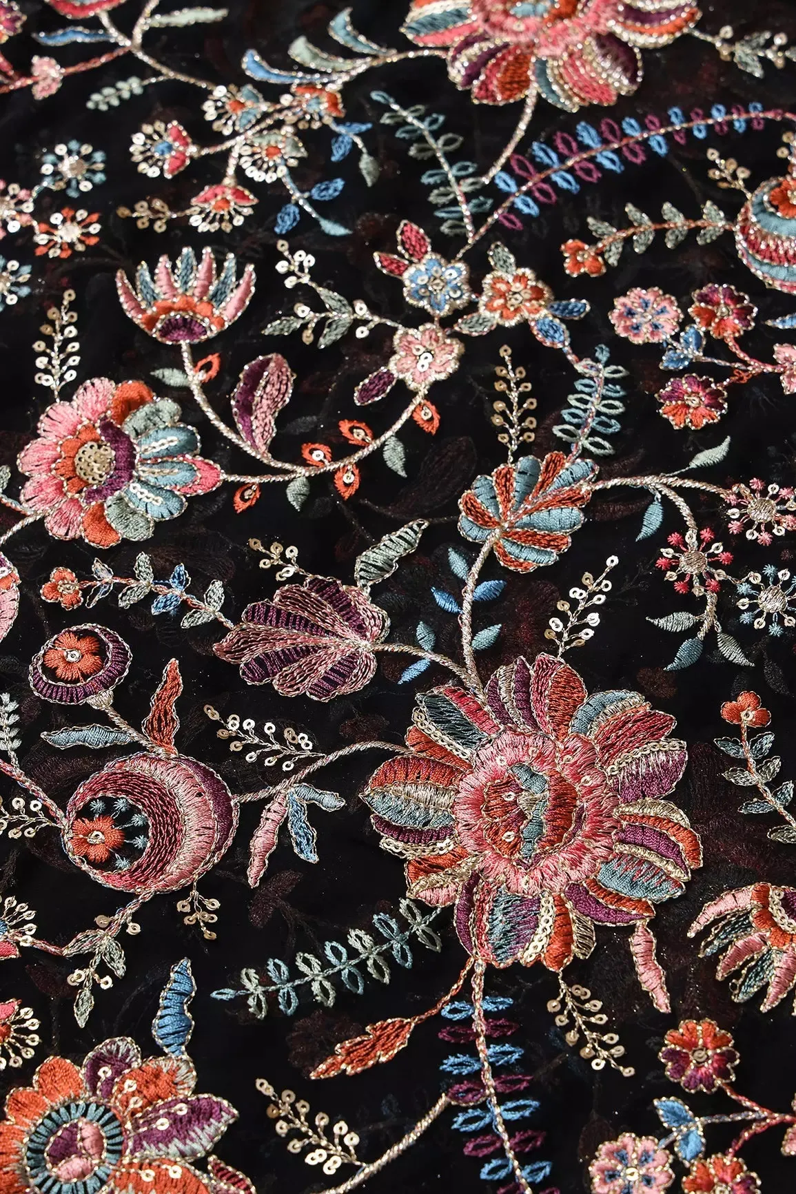 Elegant Floral Heavy Embroidery With Gold Sequins On Black Georgette Fabric