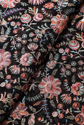 Elegant Floral Heavy Embroidery With Gold Sequins On Black Georgette Fabric