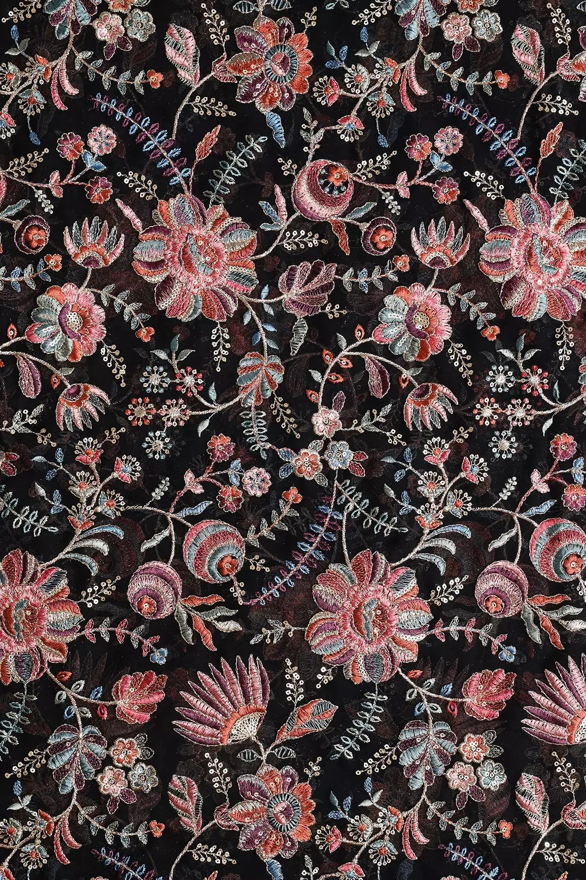 Elegant Floral Heavy Embroidery With Gold Sequins On Black Georgette Fabric