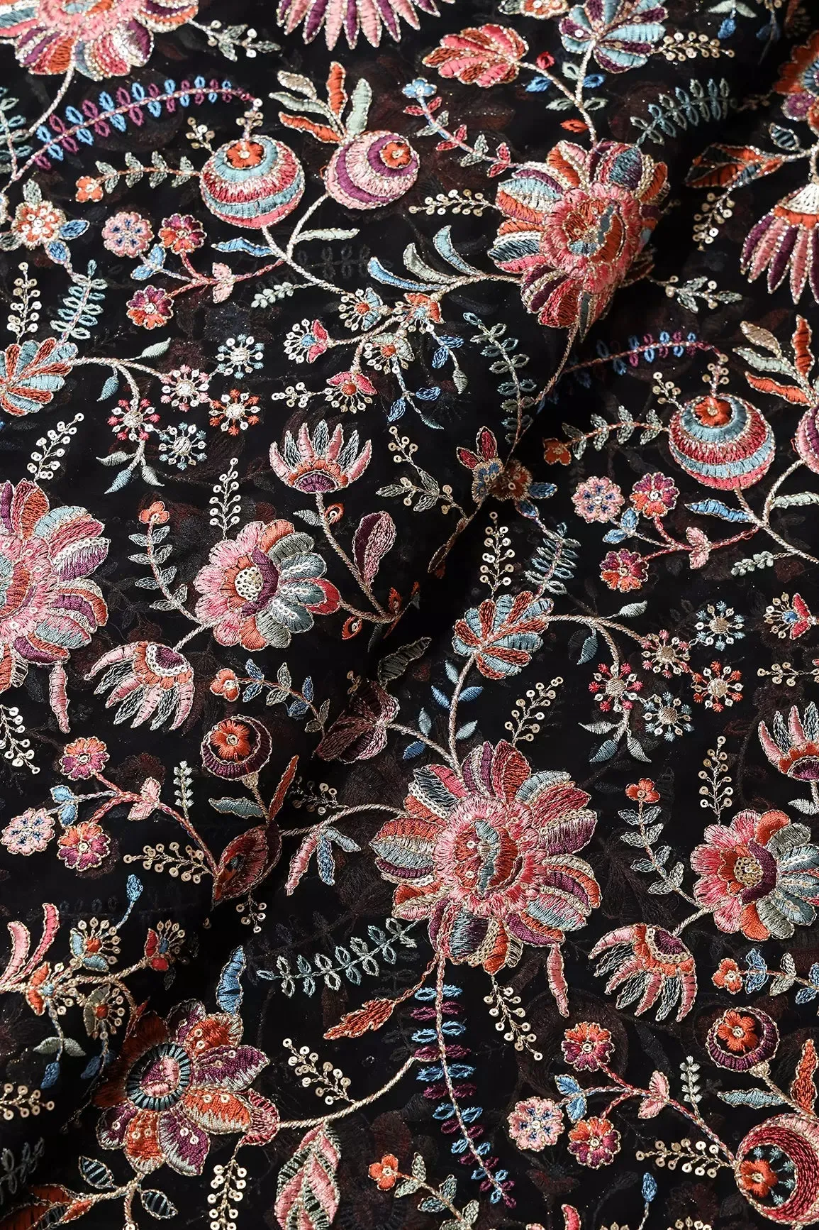 Elegant Floral Heavy Embroidery With Gold Sequins On Black Georgette Fabric