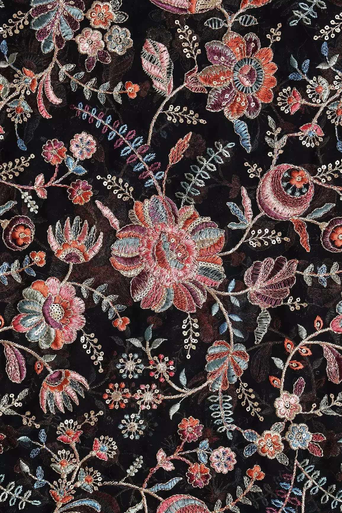 Elegant Floral Heavy Embroidery With Gold Sequins On Black Georgette Fabric