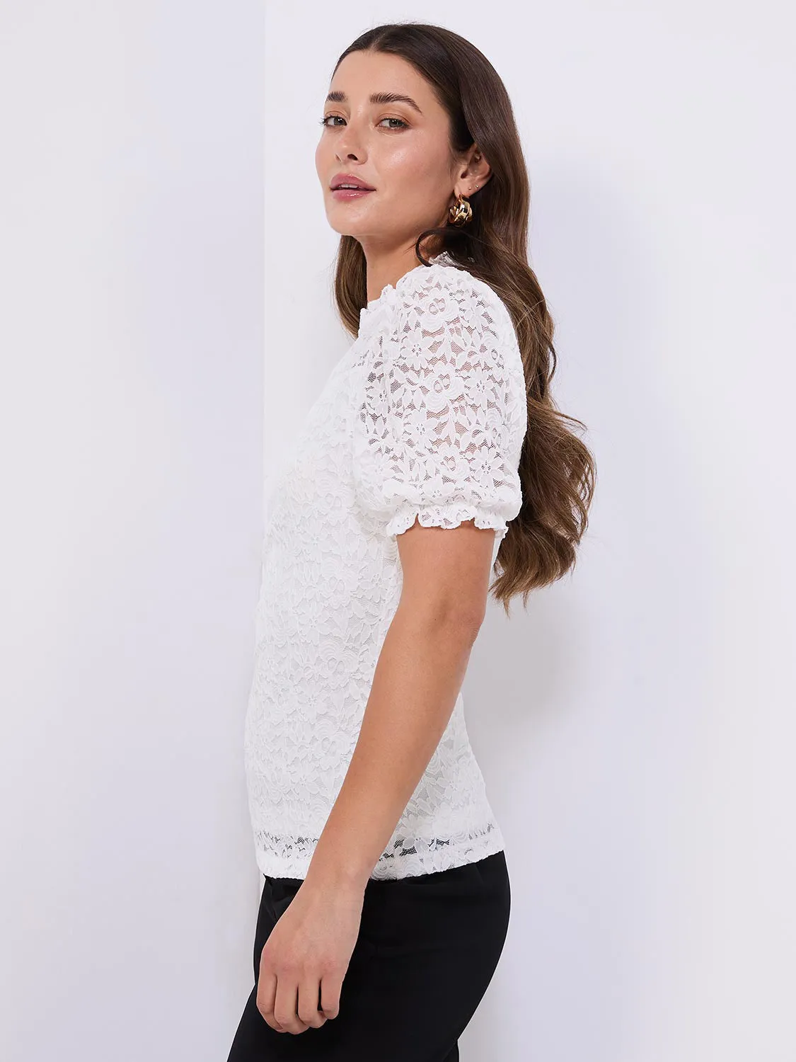 Floral Lace Mock Neck Short Sleeve Top
