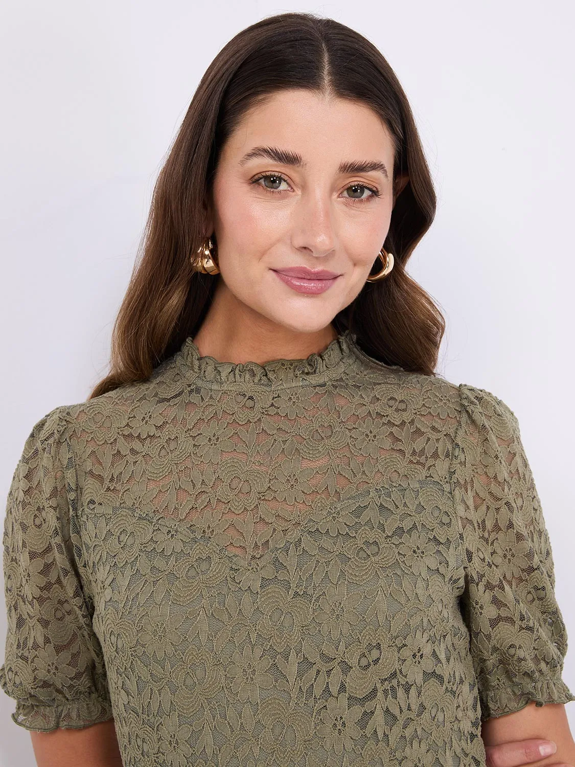 Floral Lace Mock Neck Short Sleeve Top