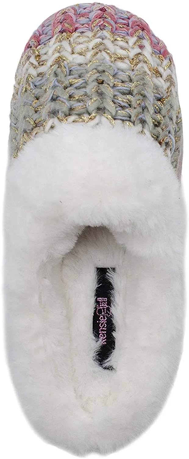 kensie Girls' Big Kid Slip On Plush Fluffy Shimmer Knit House Slippers with Faux Fur, Cute Warm Comfortable Shoes for Home