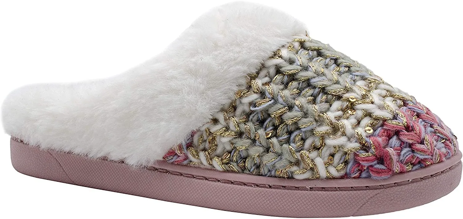 kensie Girls' Big Kid Slip On Plush Fluffy Shimmer Knit House Slippers with Faux Fur, Cute Warm Comfortable Shoes for Home
