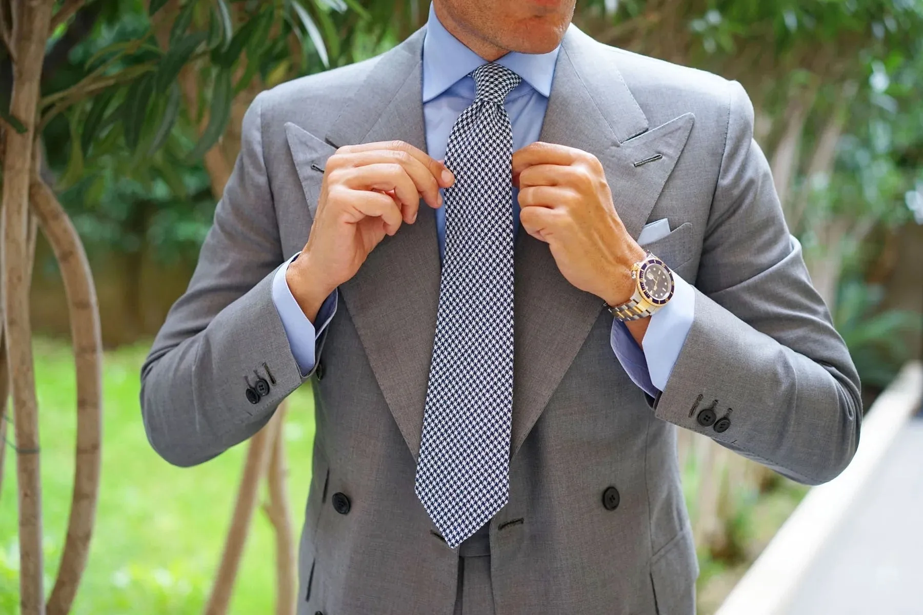 Linen Tie - Houndstooth - Blue & White