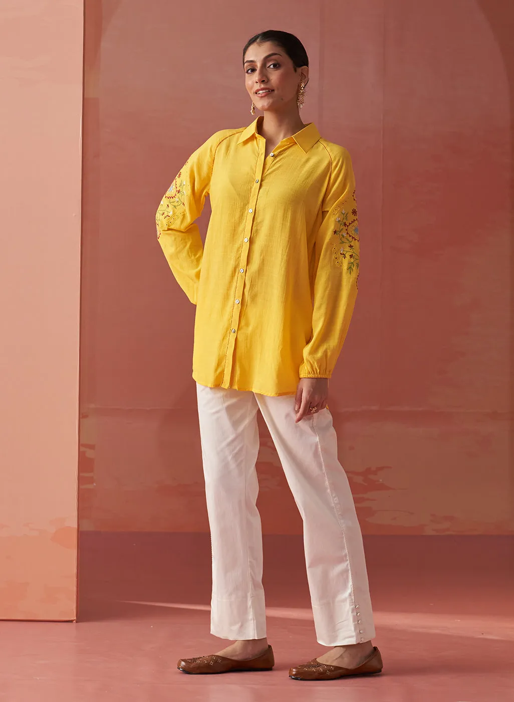 Mayal Yellow Embroidered Cotton Linen Shirt for Women